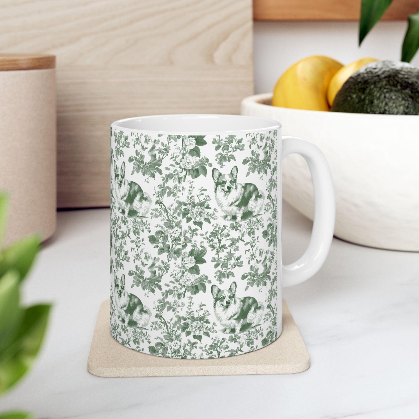 Corgi French Pastel Green Toile de Jouy Mug, Blue Toile Coffee Cup, Gift for Corgi Mom, Corgi Welsh Pembroke GiftsD, Corgi Mugs, Corgi Gift