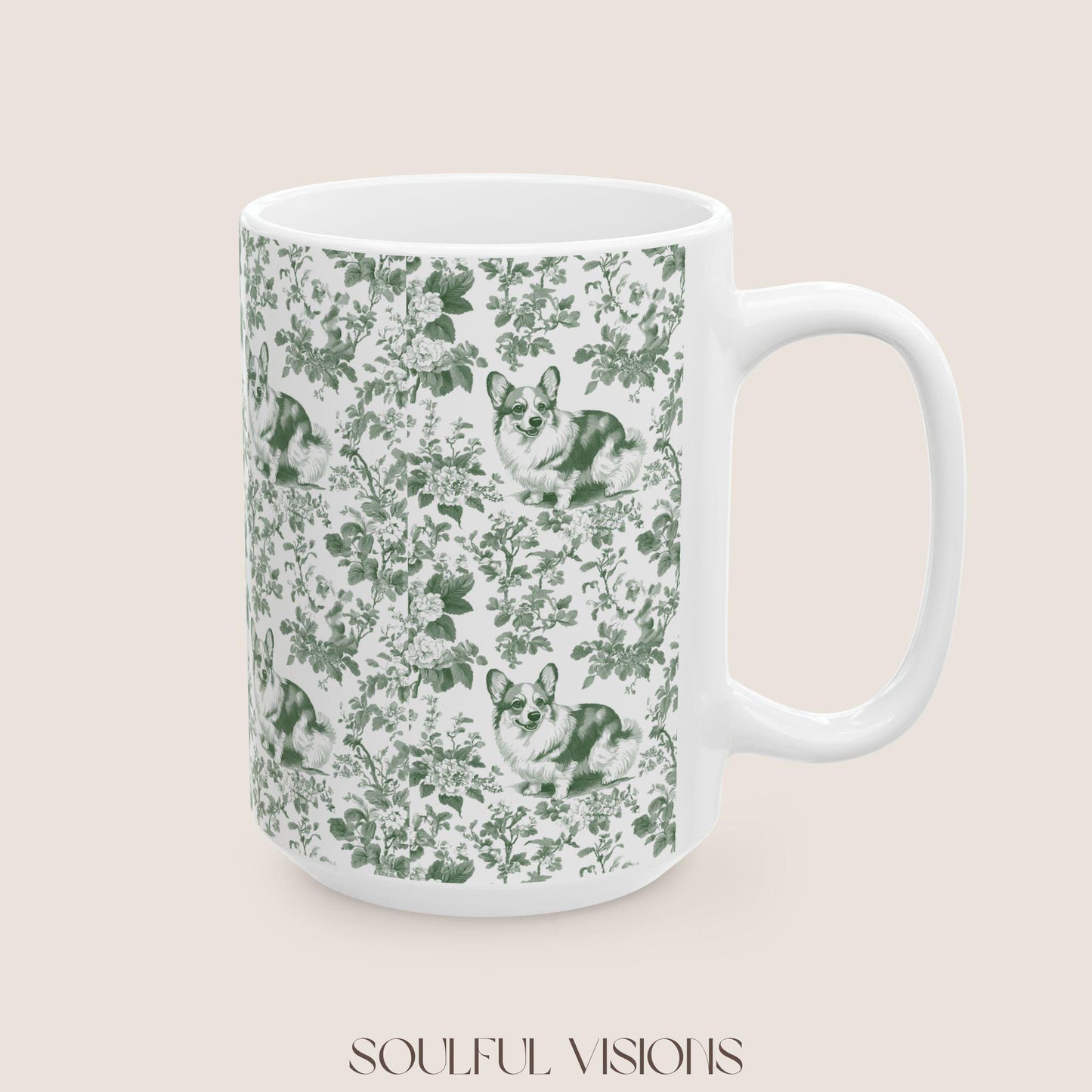 Corgi French Pastel Green Toile de Jouy Mug, Blue Toile Coffee Cup, Gift for Corgi Mom, Corgi Welsh Pembroke GiftsD, Corgi Mugs, Corgi Gift