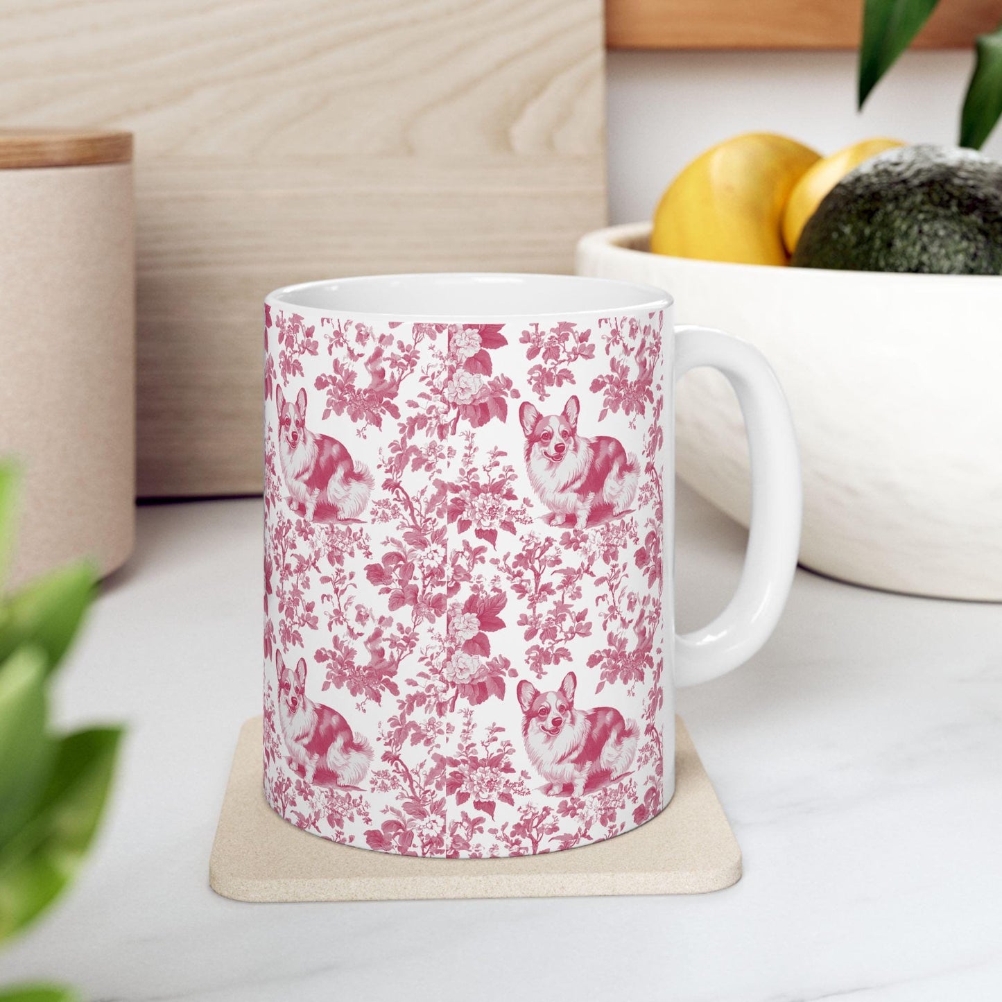 Corgi French Pink Toile de Jouy Mug, Blue Toile Coffee Cup, Gift for Corgi Mom, Corgi Welsh Pembroke GiftsD, Corgi Mugs, Corgi Lover Gift