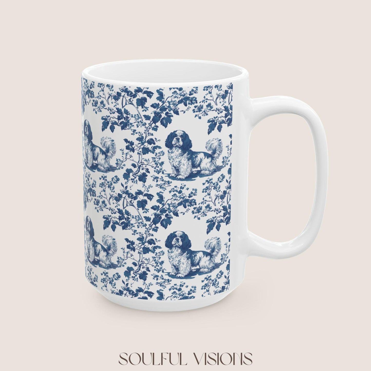 Cavalier King Charles Spaniel French Blue Toile de Jouy Mug, Blue toile de jouy Mug, Cavalier mug, Cavalier Spaniel Gift, Cavalier Spaniel