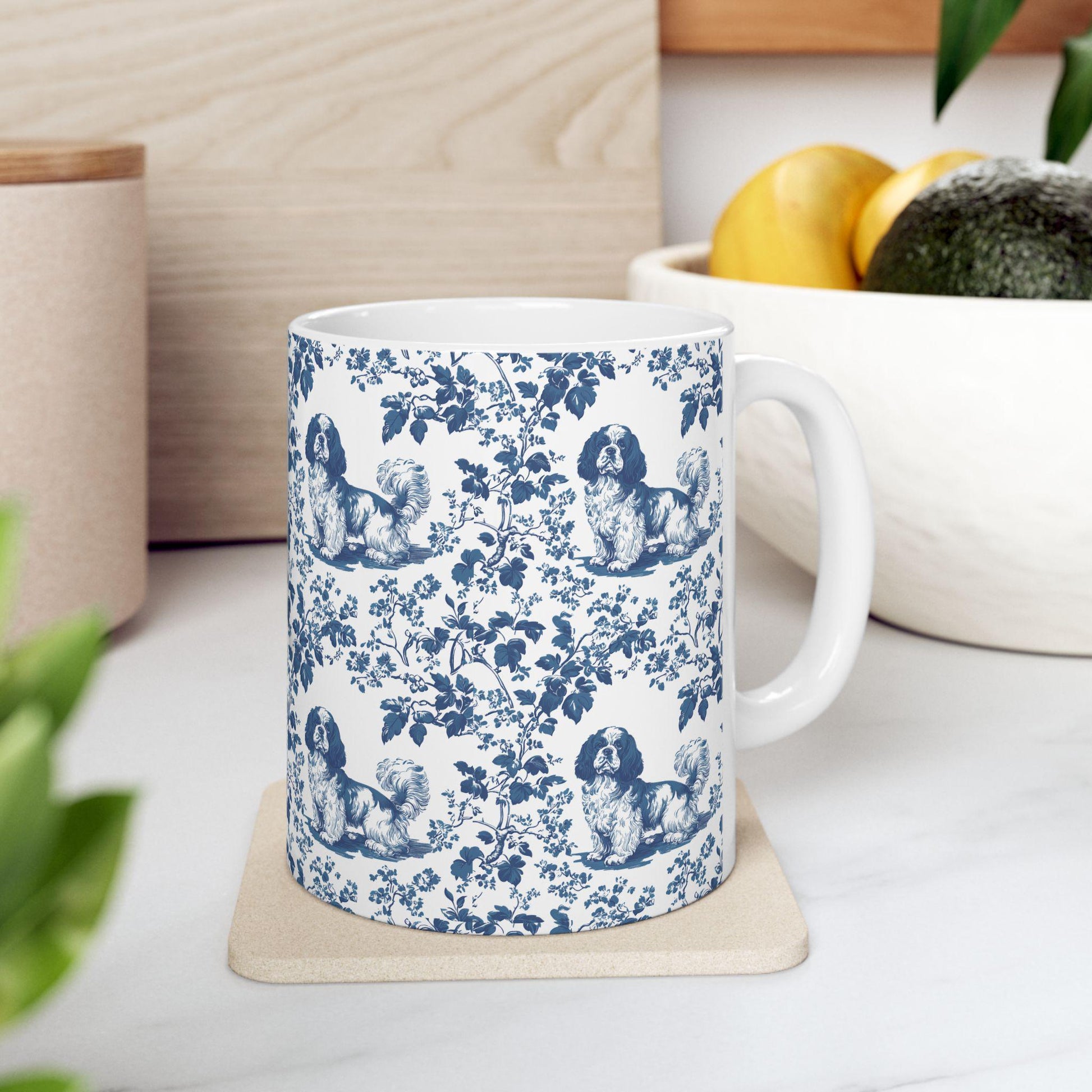 Cavalier King Charles Spaniel French Blue Toile de Jouy Mug, Blue toile de jouy Mug, Cavalier mug, Cavalier Spaniel Gift, Cavalier Spaniel