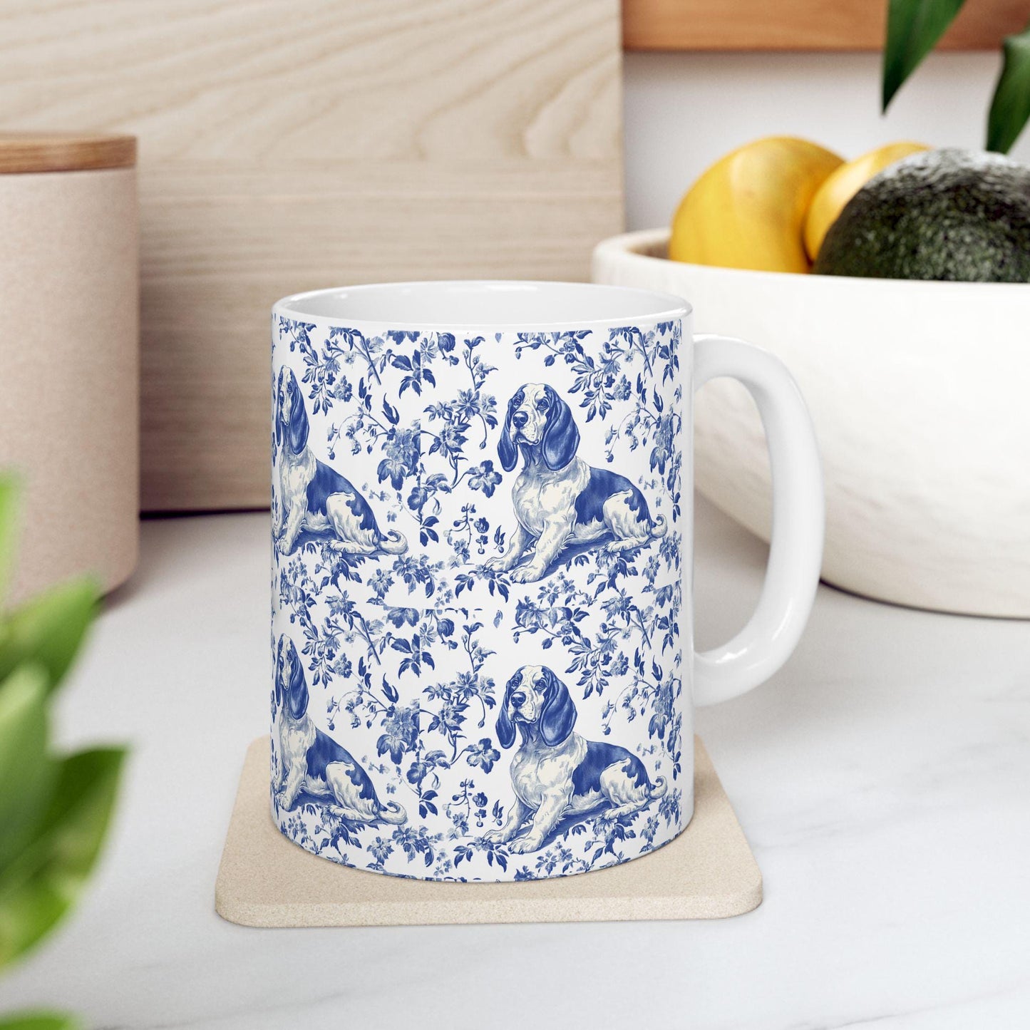 Basset Hound Blue french Toile de Jouy Mug , Basset Hound, Basset Hound Mug, Basset Hound mom, Basset Hound lover, Basset Hound Coffe cup