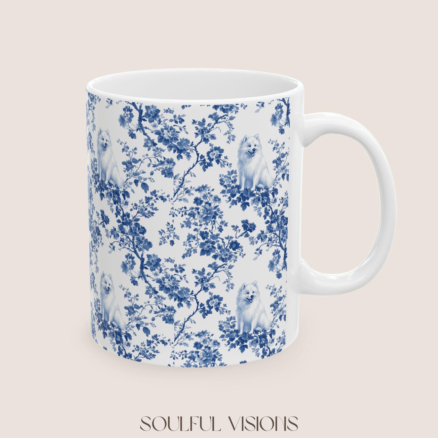 Samoyed French Blue Toile De Jouy Mug, Samoyed Mug, Samoyed mom, Samoyed gifts, Samoyed lover, Samoyed owner, Samoyed dog, Dog mom mug