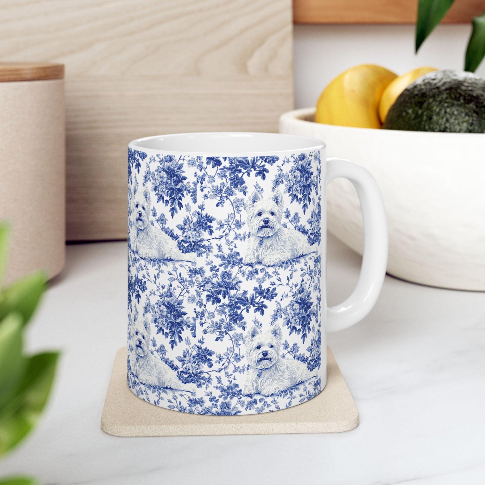 Westie French Blue Toile Mug, West Highland Terrier Coffee Cup, Westie Gifts for Westie Mom, Westie Mugs, Westie Lover gift