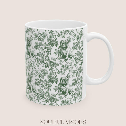 English Bulldog French Pastel Green Toile De Jouy Mug, English Bulldog Mug, English Bulldog gifts, English Bulldog, Bulldog mom, Bulldog Mug