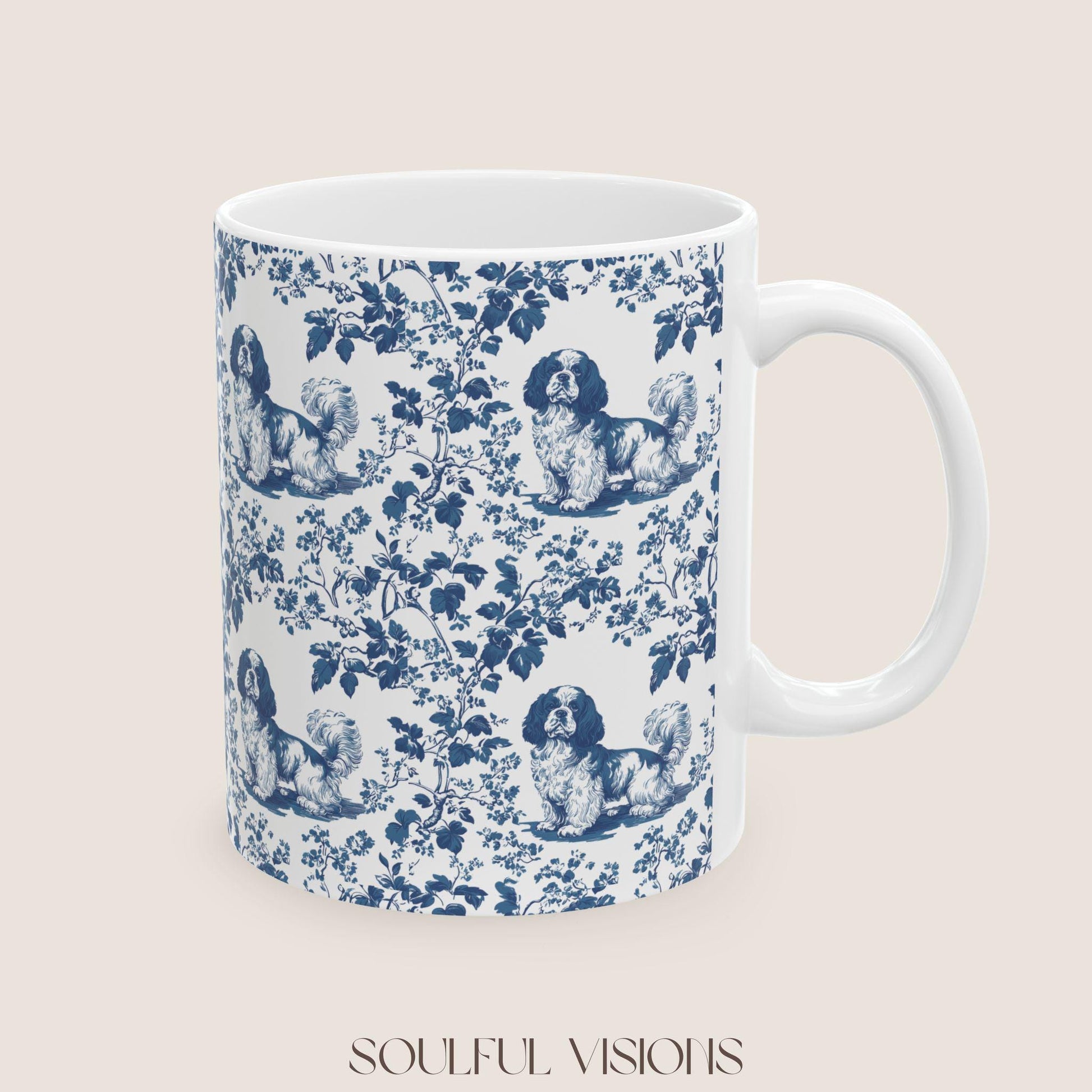 Cavalier King Charles Spaniel French Blue Toile de Jouy Mug, Blue toile de jouy Mug, Cavalier mug, Cavalier Spaniel Gift, Cavalier Spaniel