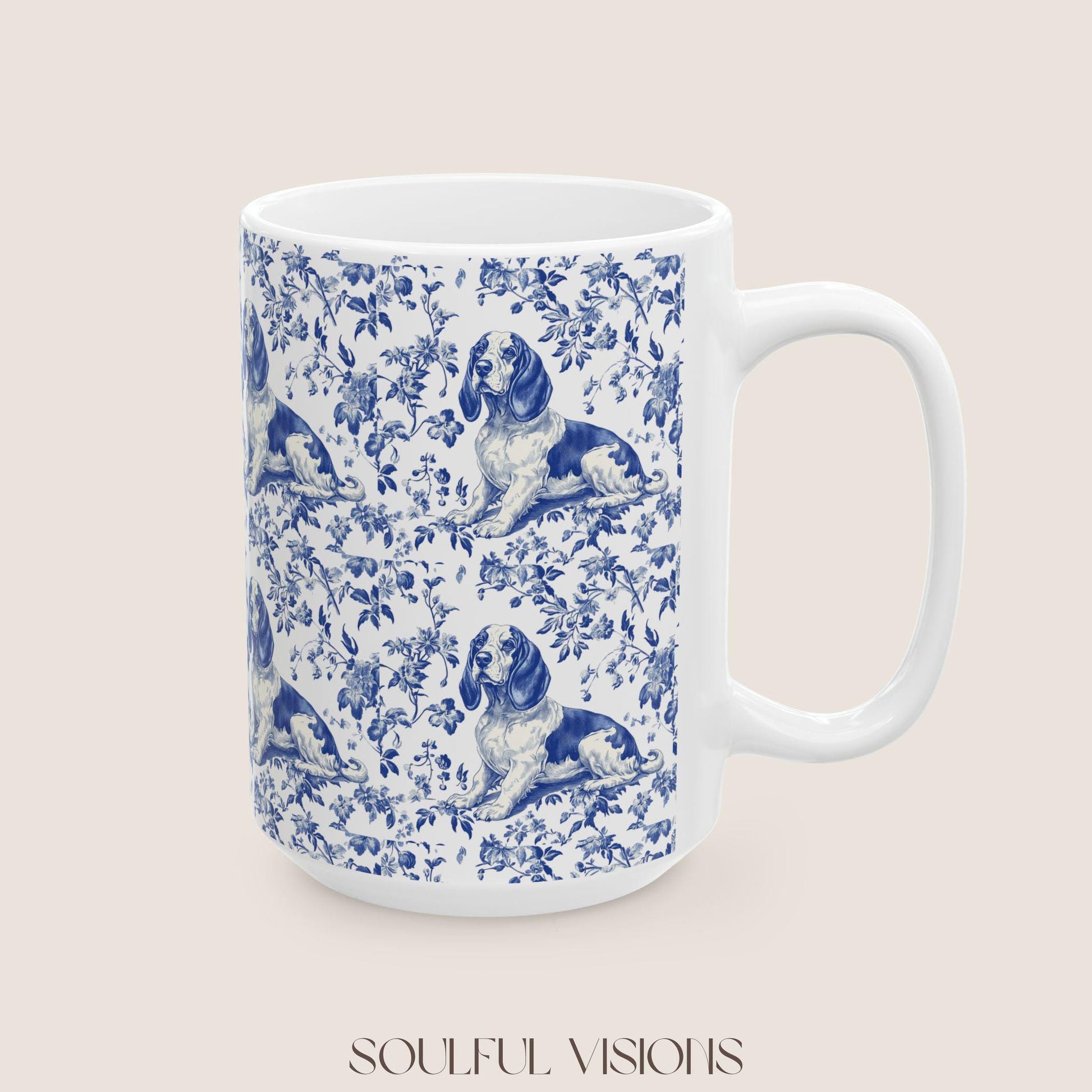 Basset Hound Blue french Toile de Jouy Mug , Basset Hound, Basset Hound Mug, Basset Hound mom, Basset Hound lover, Basset Hound Coffe cup