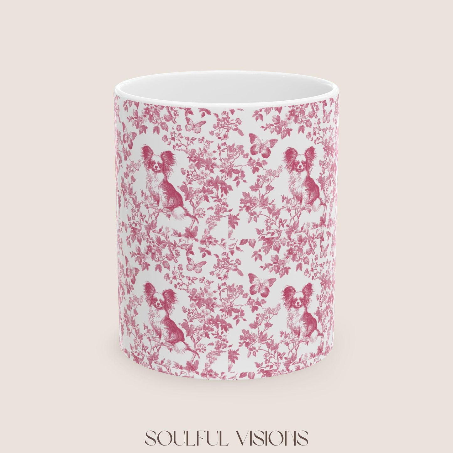 Papillon French Pink Toile de Jouy Mug, Papillon Mugs, Papillon Gift, Toile mug, Papillon, Papillon mama Gift, Papillon Coffee Mug