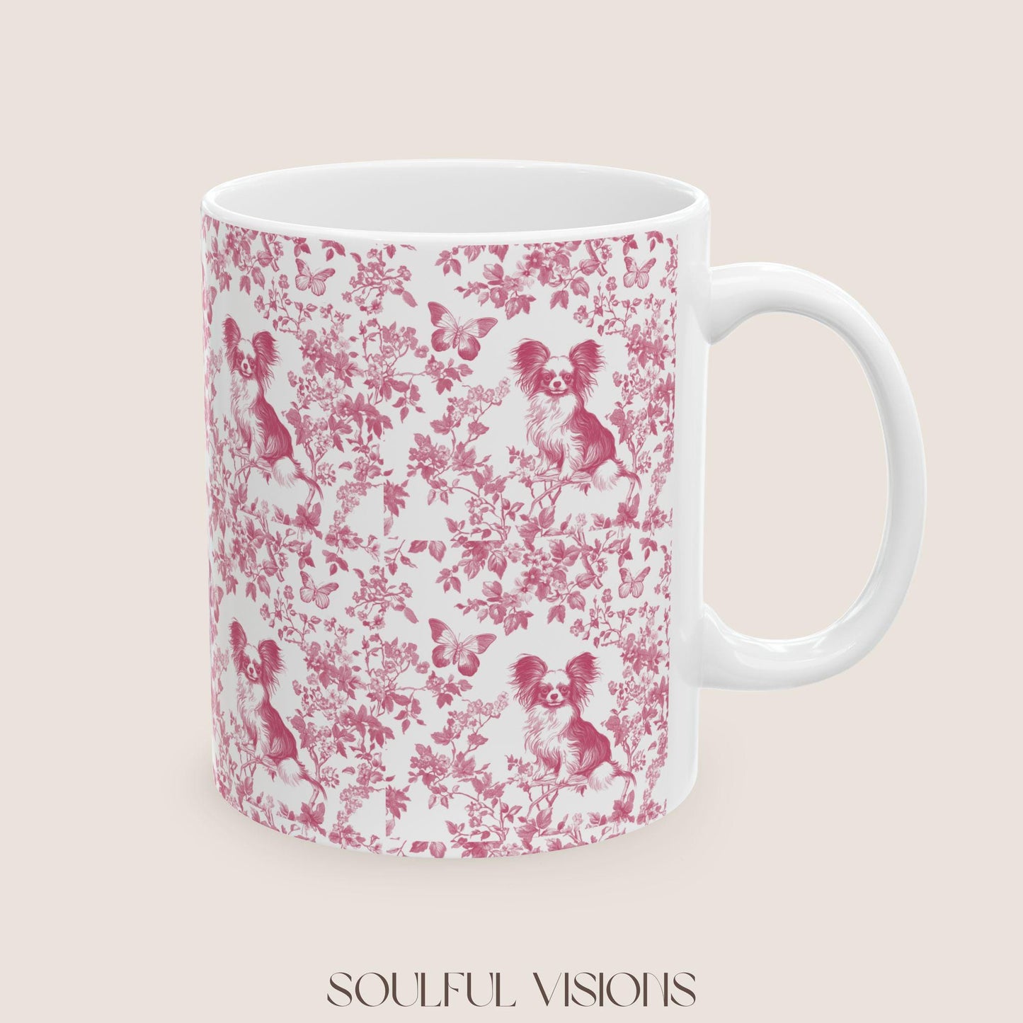 Papillon French Pink Toile de Jouy Mug, Papillon Mugs, Papillon Gift, Toile mug, Papillon, Papillon mama Gift, Papillon Coffee Mug