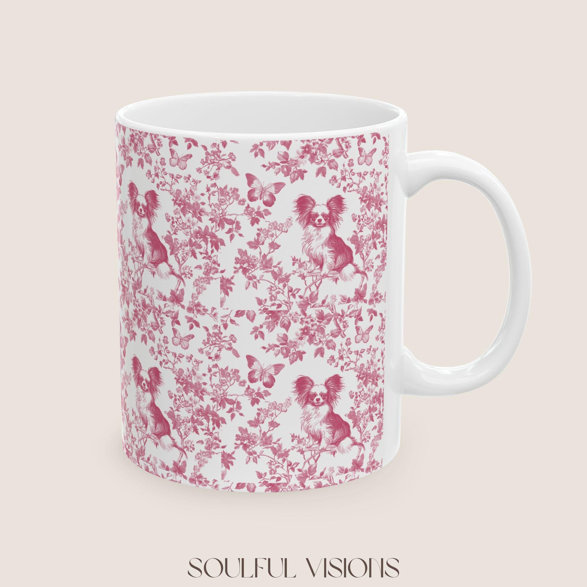 Papillon French Pink Toile de Jouy Mug, Papillon Mugs, Papillon Gift, Toile mug, Papillon, Papillon mama Gift, Papillon Coffee Mug