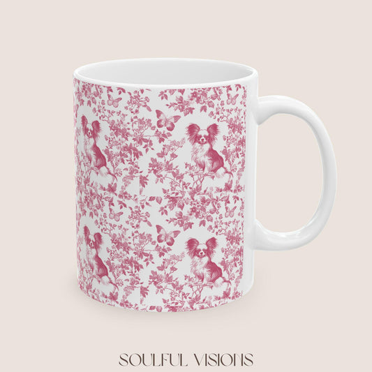 Papillon French Pink Toile de Jouy Mug, Papillon Mugs, Papillon Gift, Toile mug, Papillon, Papillon mama Gift, Papillon Coffee Mug