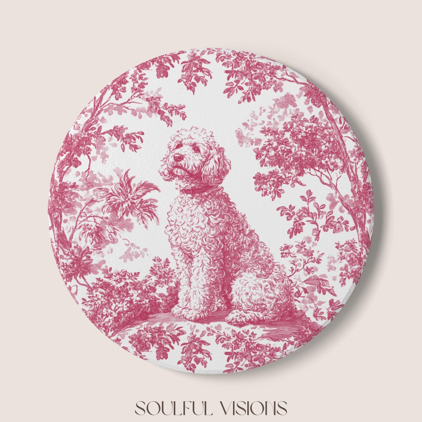 Goldendoodle Ceramic Coaster French Pink Toile, Goldendoodle French Toile Drink Coaster, Goldendoodle Mom Gift, Dog Lover Coaster