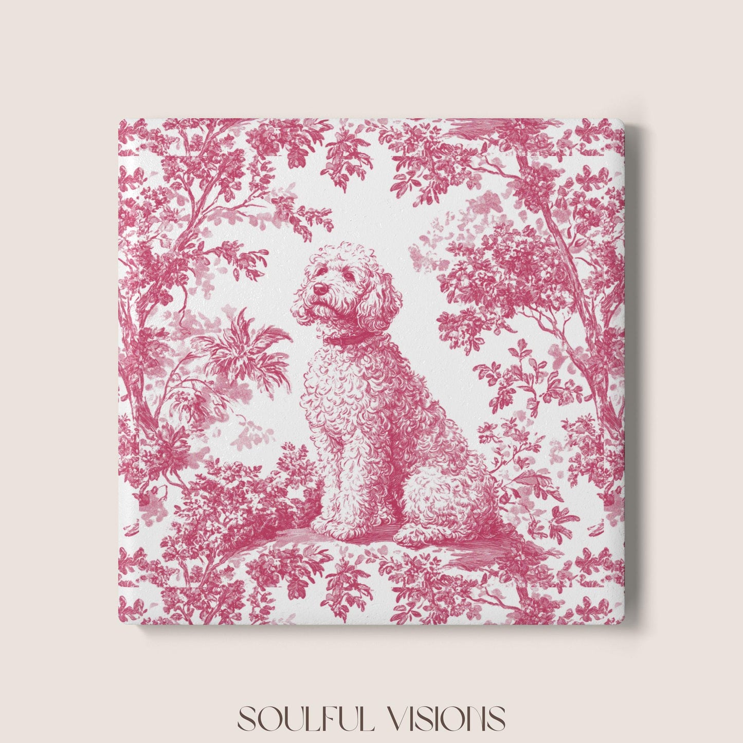 Goldendoodle Ceramic Coaster French Pink Toile, Goldendoodle French Toile Drink Coaster, Goldendoodle Mom Gift, Dog Lover Coaster
