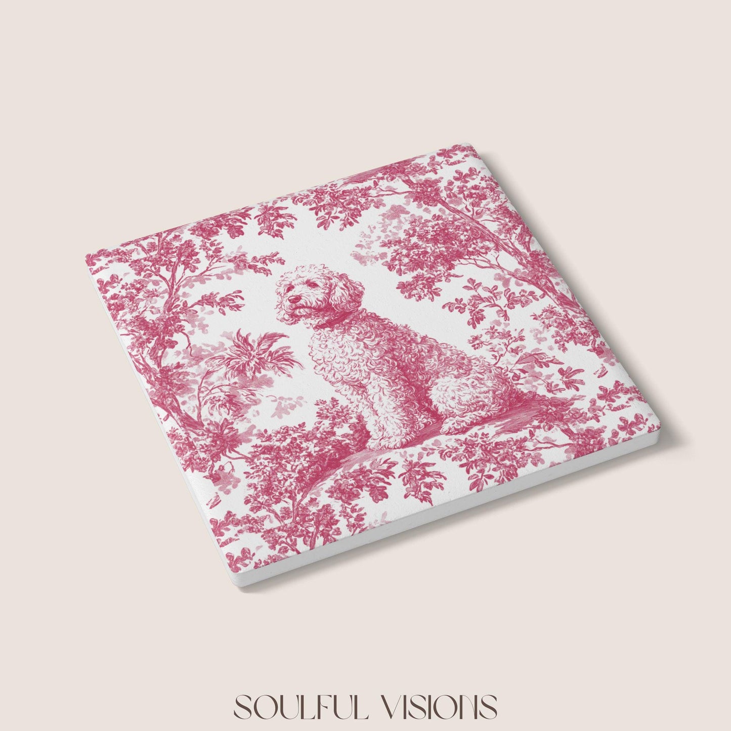 Goldendoodle Ceramic Coaster French Pink Toile, Goldendoodle French Toile Drink Coaster, Goldendoodle Mom Gift, Dog Lover Coaster