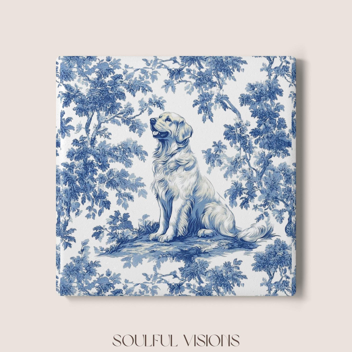 Golden Retriever Ceramic Coaster French Blue Toile, Golden Retriever French Toile Drink Coaster, Golden Retriever Mom Gift, Dog Coaster