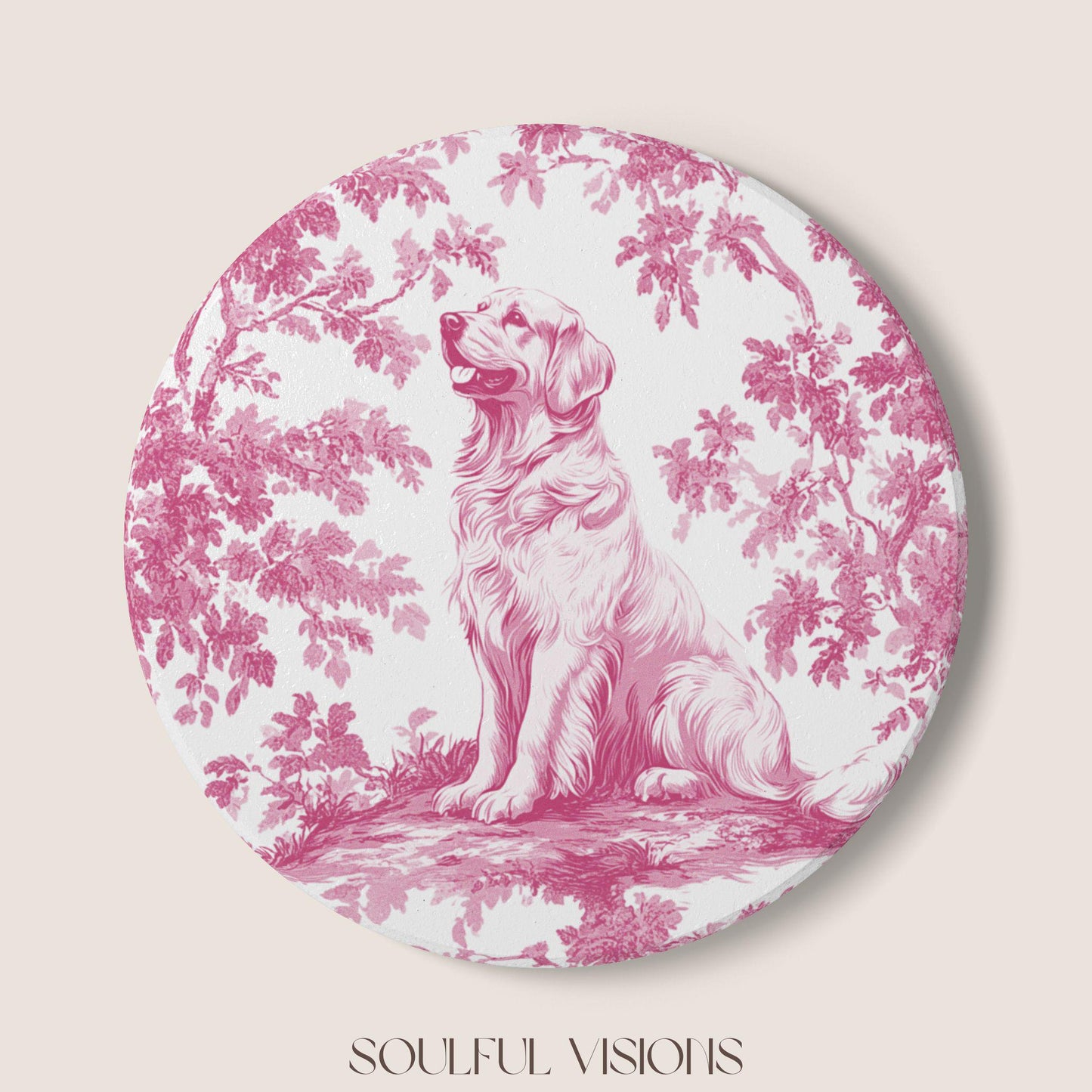 Golden Retriever Ceramic Coaster French Pink Toile, Golden Retriever French Toile Drink Coaster, Golden Retriever Mom Gift, Dog Coaster