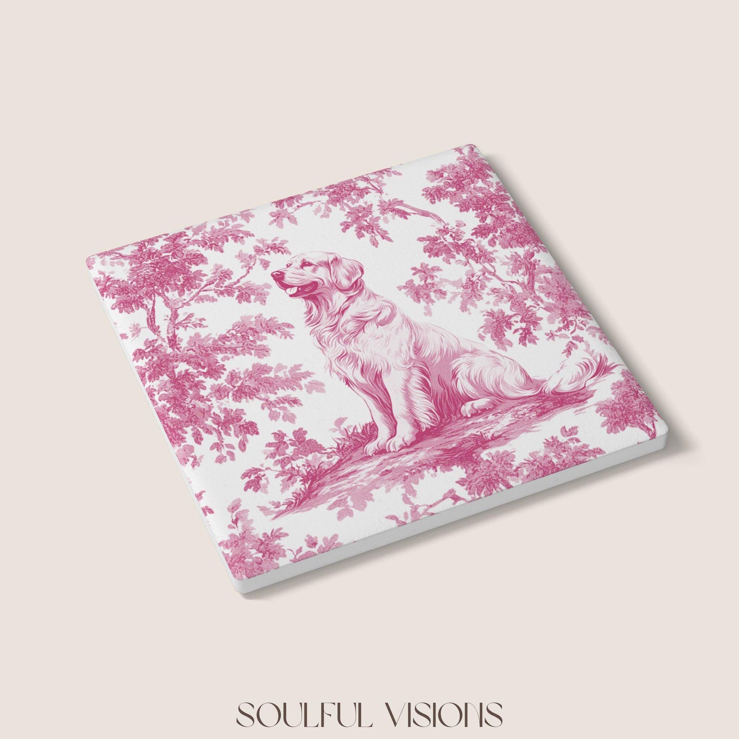 Golden Retriever Ceramic Coaster French Pink Toile, Golden Retriever French Toile Drink Coaster, Golden Retriever Mom Gift, Dog Coaster
