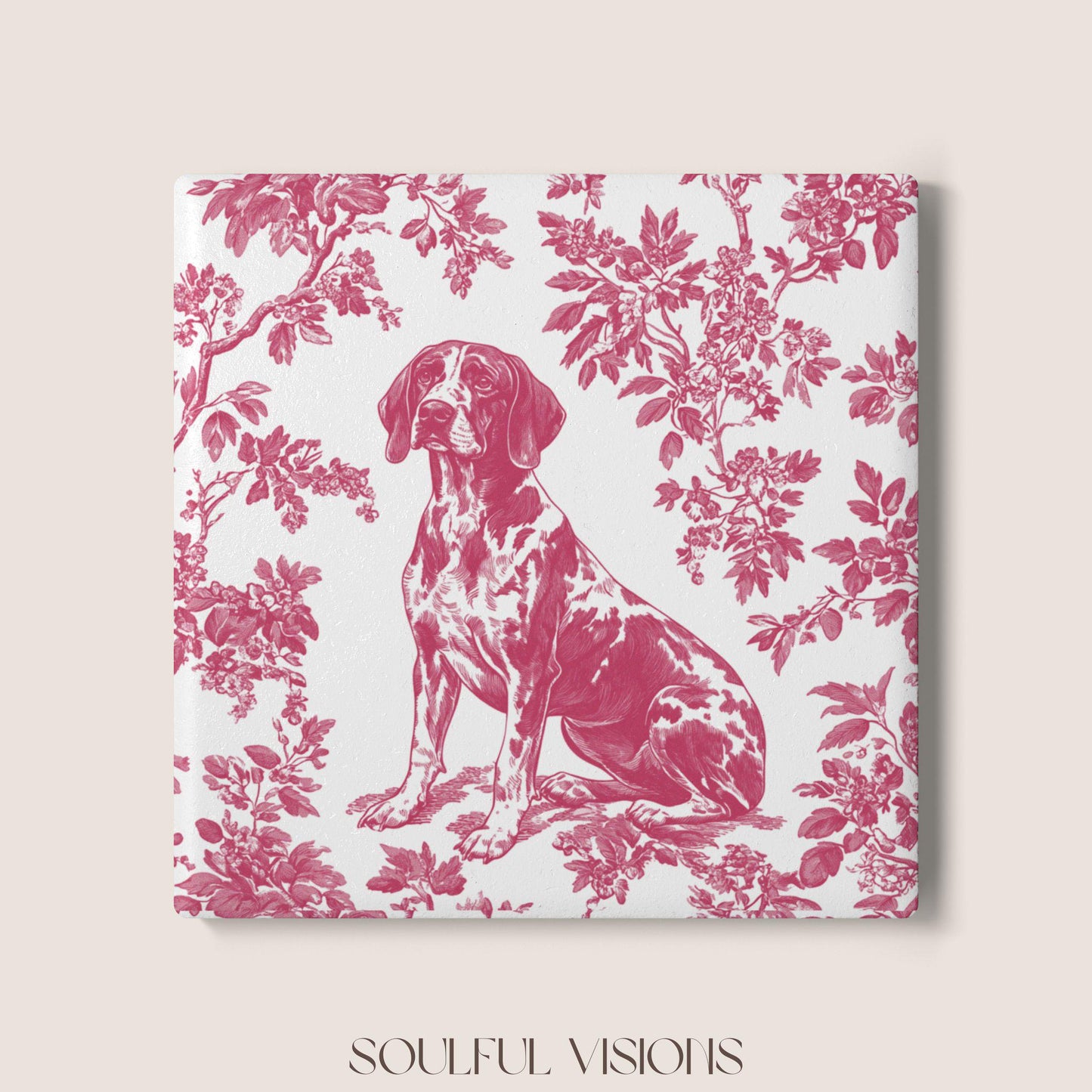 GSP Ceramic Coaster French Pink Toile, German Shorthaired Pointer French Toile Drink Coaster, Pointer Mom Gift, Dog Lover Coaster