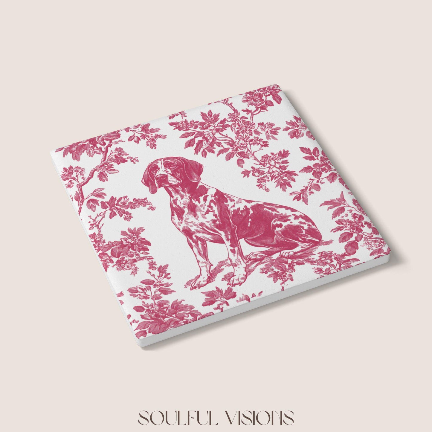 GSP Ceramic Coaster French Pink Toile, German Shorthaired Pointer French Toile Drink Coaster, Pointer Mom Gift, Dog Lover Coaster