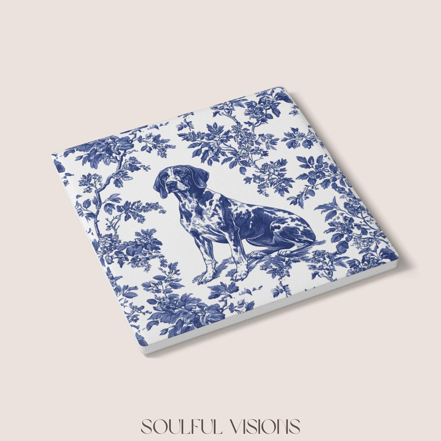 GSP Ceramic Coaster French Blue Toile, German Shorthaired Pointer French Toile Drink Coaster, Pointer Mom Gift, Dog Lover Coaster
