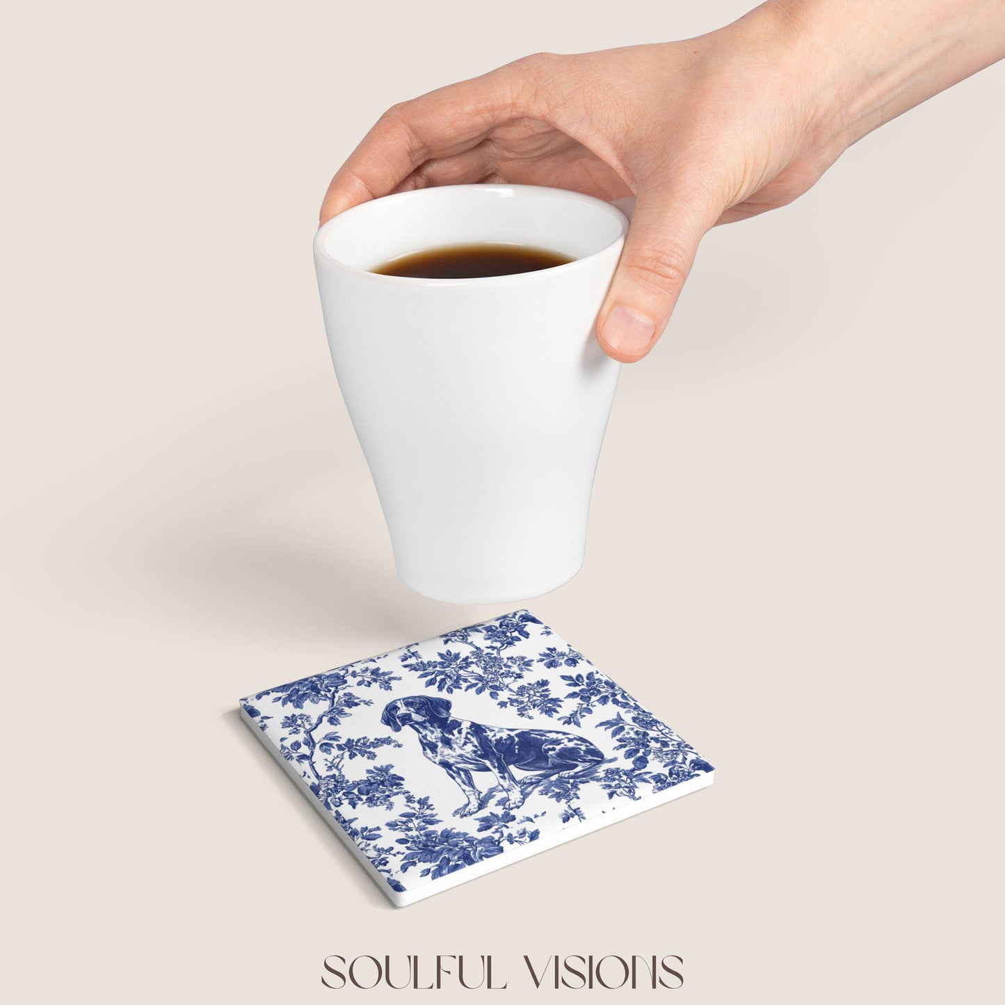 GSP Ceramic Coaster French Blue Toile, German Shorthaired Pointer French Toile Drink Coaster, Pointer Mom Gift, Dog Lover Coaster
