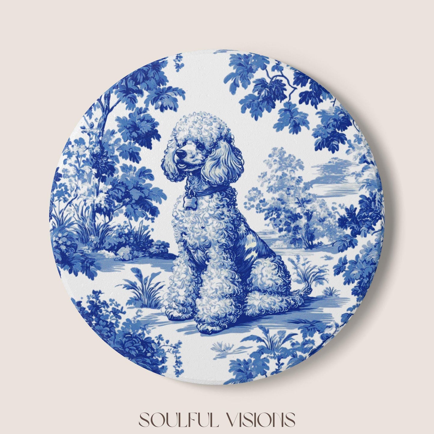 Poodle Ceramic Coaster French Blue Toile, Poodle French Toile Drink Coaster, Poodle Mom Gift, Dog Lover Coaster
