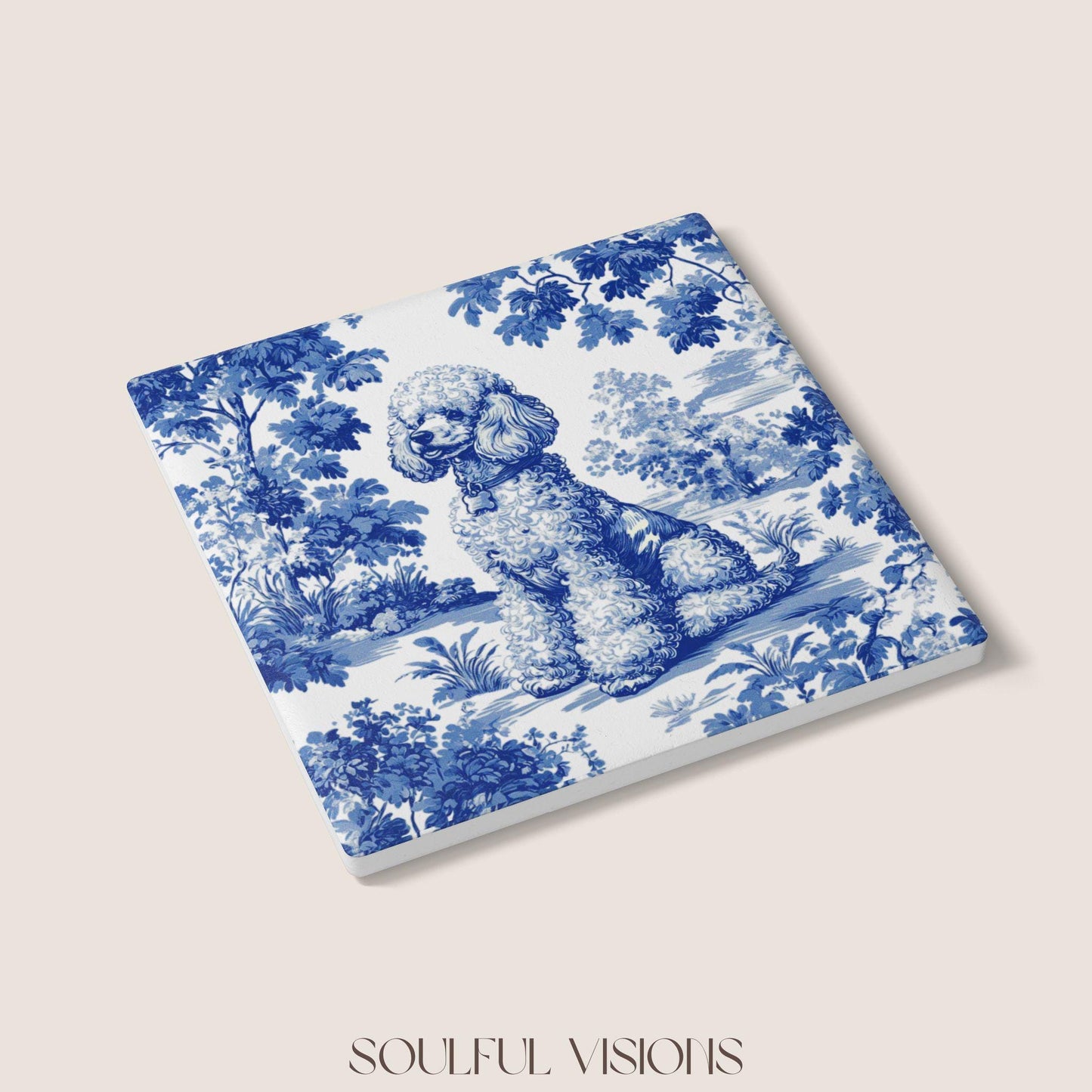 Poodle Ceramic Coaster French Blue Toile, Poodle French Toile Drink Coaster, Poodle Mom Gift, Dog Lover Coaster