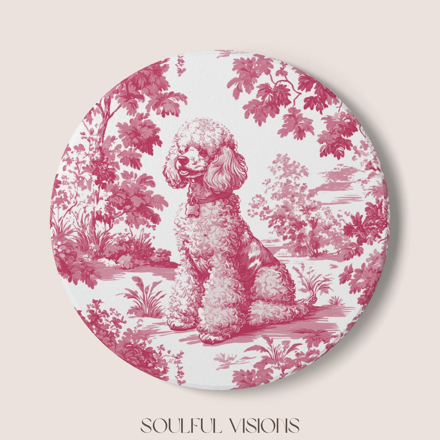 Poodle Ceramic Coaster French Pink Toile, Poodle French Toile Drink Coaster, Poodle Mom Gift, Dog Lover Coaster