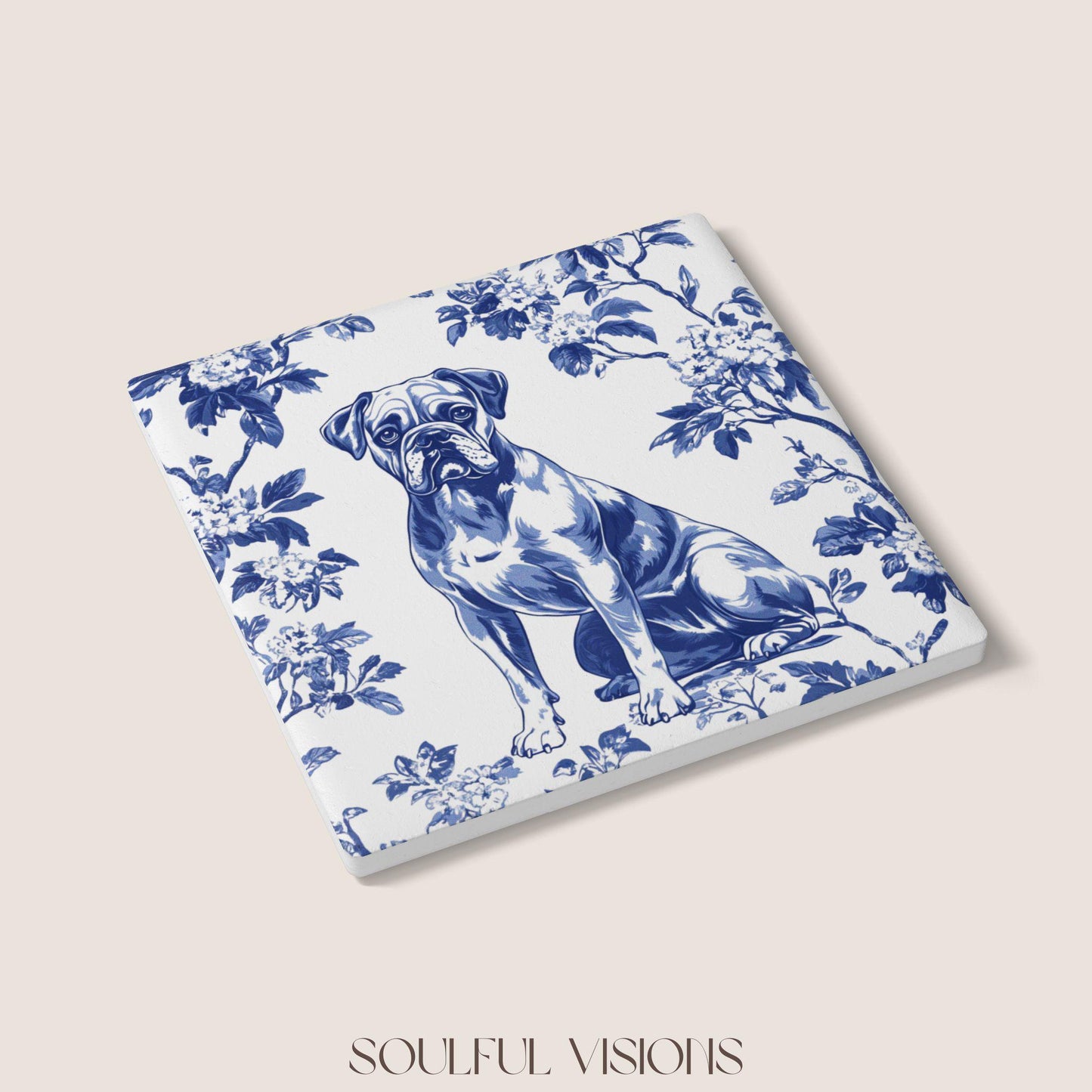 Boxer dog Ceramic Coaster French Blue Toile, Boxer French Toile Drink Coaster, Boxer Mom Gift, Dog Lover Coaster, Boxer Coaster, Boxer Gifts