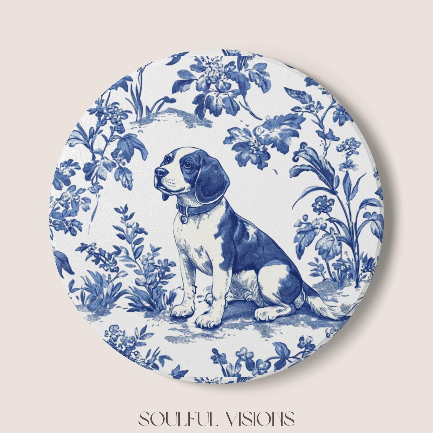 Beagle Ceramic Coaster French Blue Toile, Beagle French Toile Drink Coaster, Beagle Mom Gift, Dog Lover Coaster, Beagle Lover Gift, Beagle