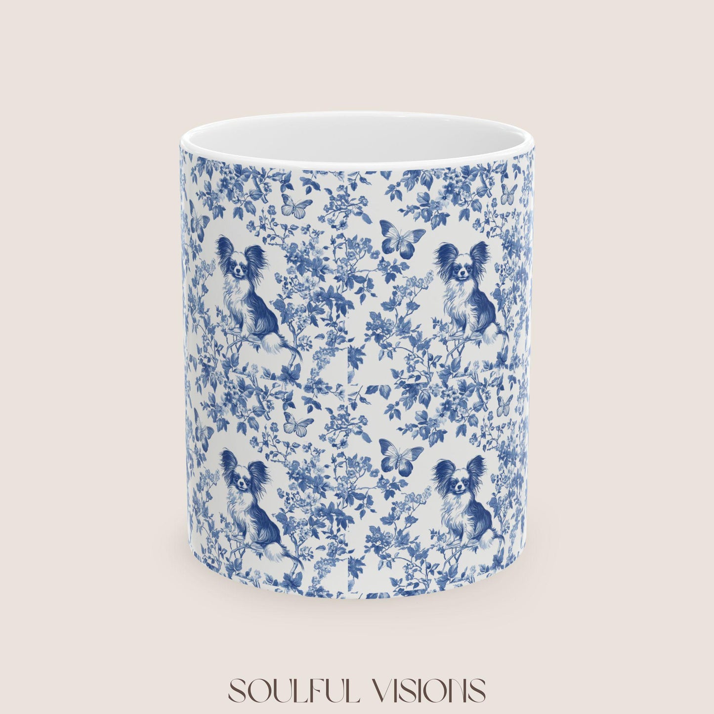 Papillon French Blue Toile de Jouy Mug, Papillon Mugs, Papillon Gift, Toile mug, Papillon, Papillon mama Gift, Papillon Coffee Mug