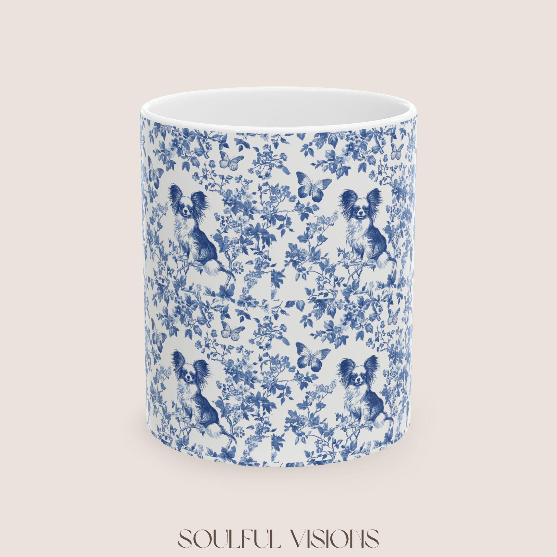 Papillon French Blue Toile de Jouy Mug, Papillon Mugs, Papillon Gift, Toile mug, Papillon, Papillon mama Gift, Papillon Coffee Mug