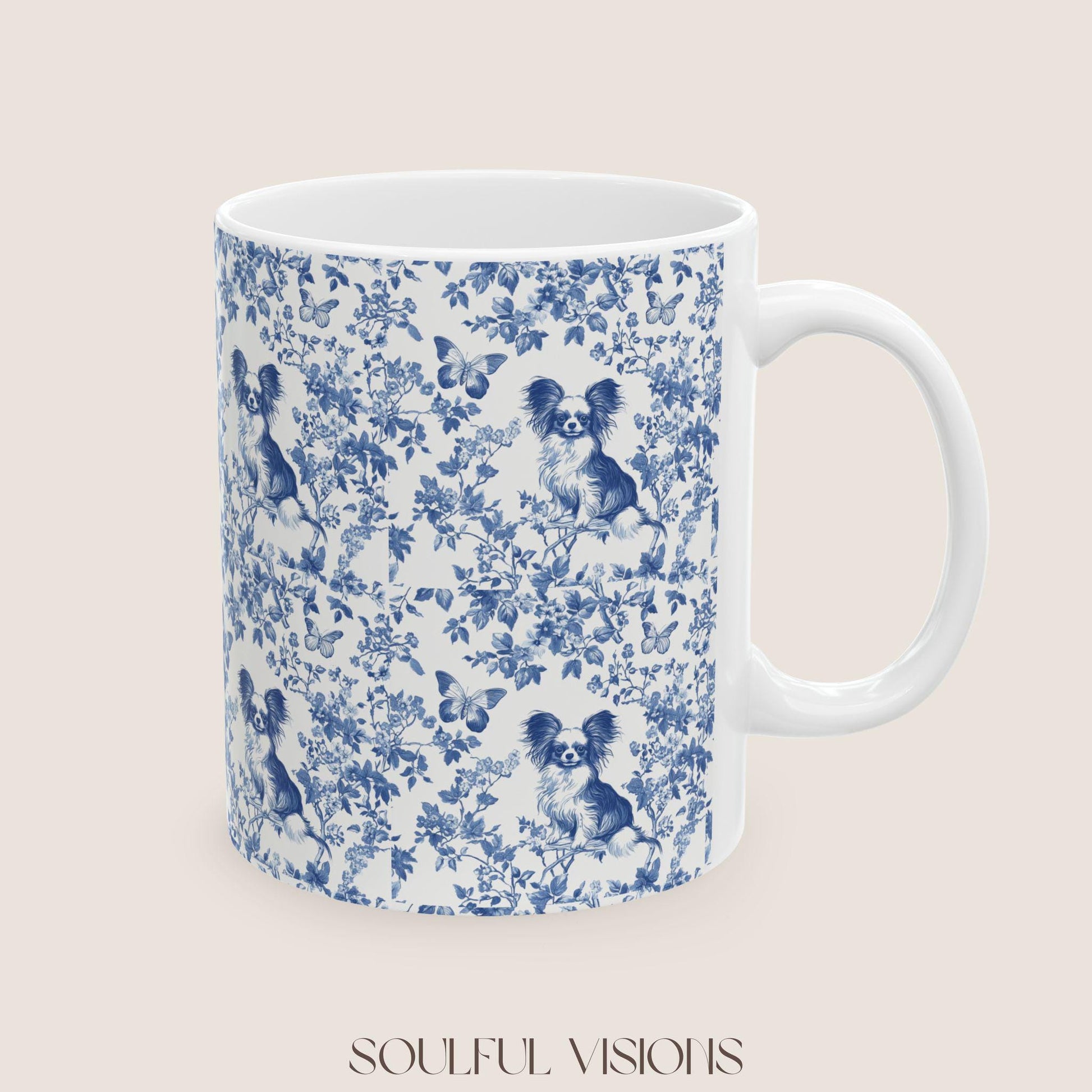 Papillon French Blue Toile de Jouy Mug, Papillon Mugs, Papillon Gift, Toile mug, Papillon, Papillon mama Gift, Papillon Coffee Mug