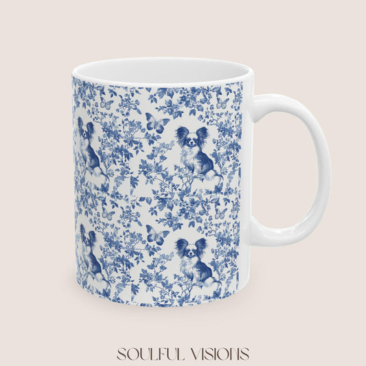 Papillon French Blue Toile de Jouy Mug, Papillon Mugs, Papillon Gift, Toile mug, Papillon, Papillon mama Gift, Papillon Coffee Mug