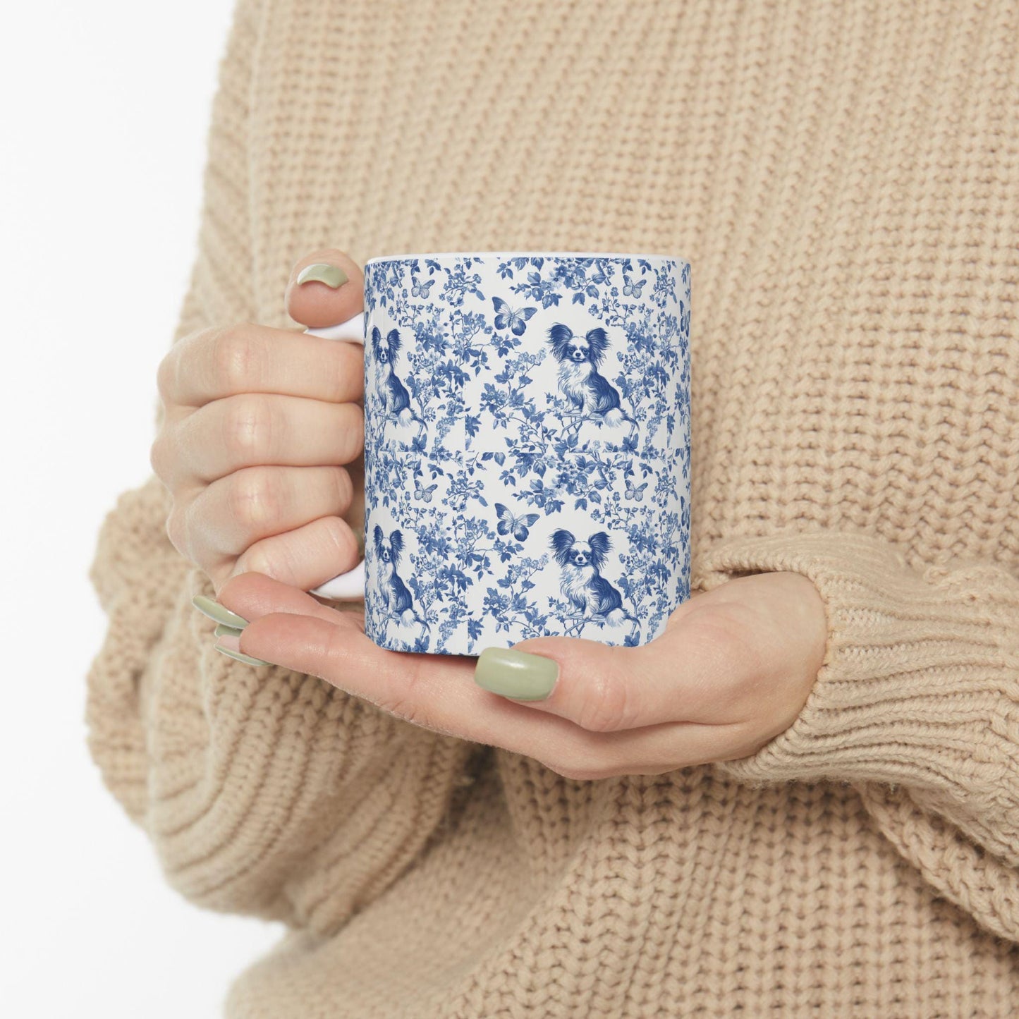 Papillon French Blue Toile de Jouy Mug, Papillon Mugs, Papillon Gift, Toile mug, Papillon, Papillon mama Gift, Papillon Coffee Mug