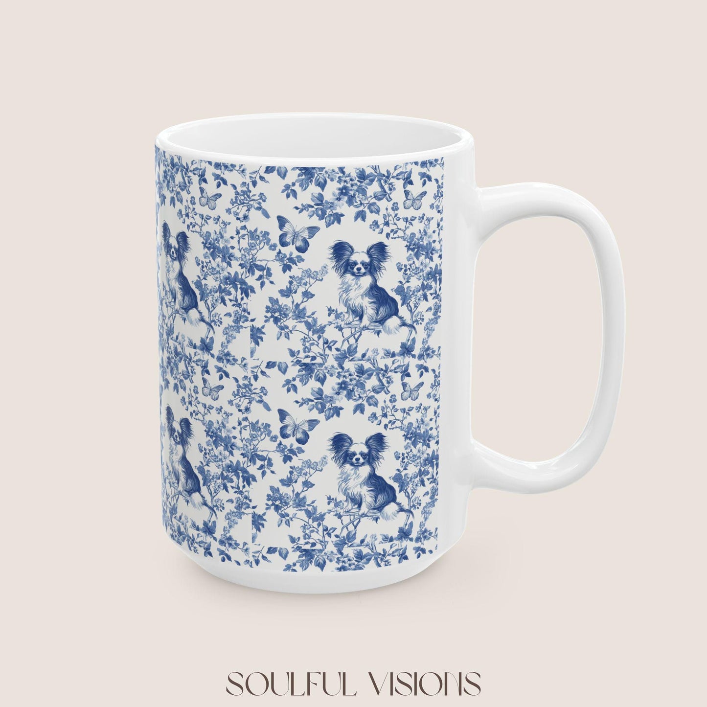 Papillon French Blue Toile de Jouy Mug, Papillon Mugs, Papillon Gift, Toile mug, Papillon, Papillon mama Gift, Papillon Coffee Mug
