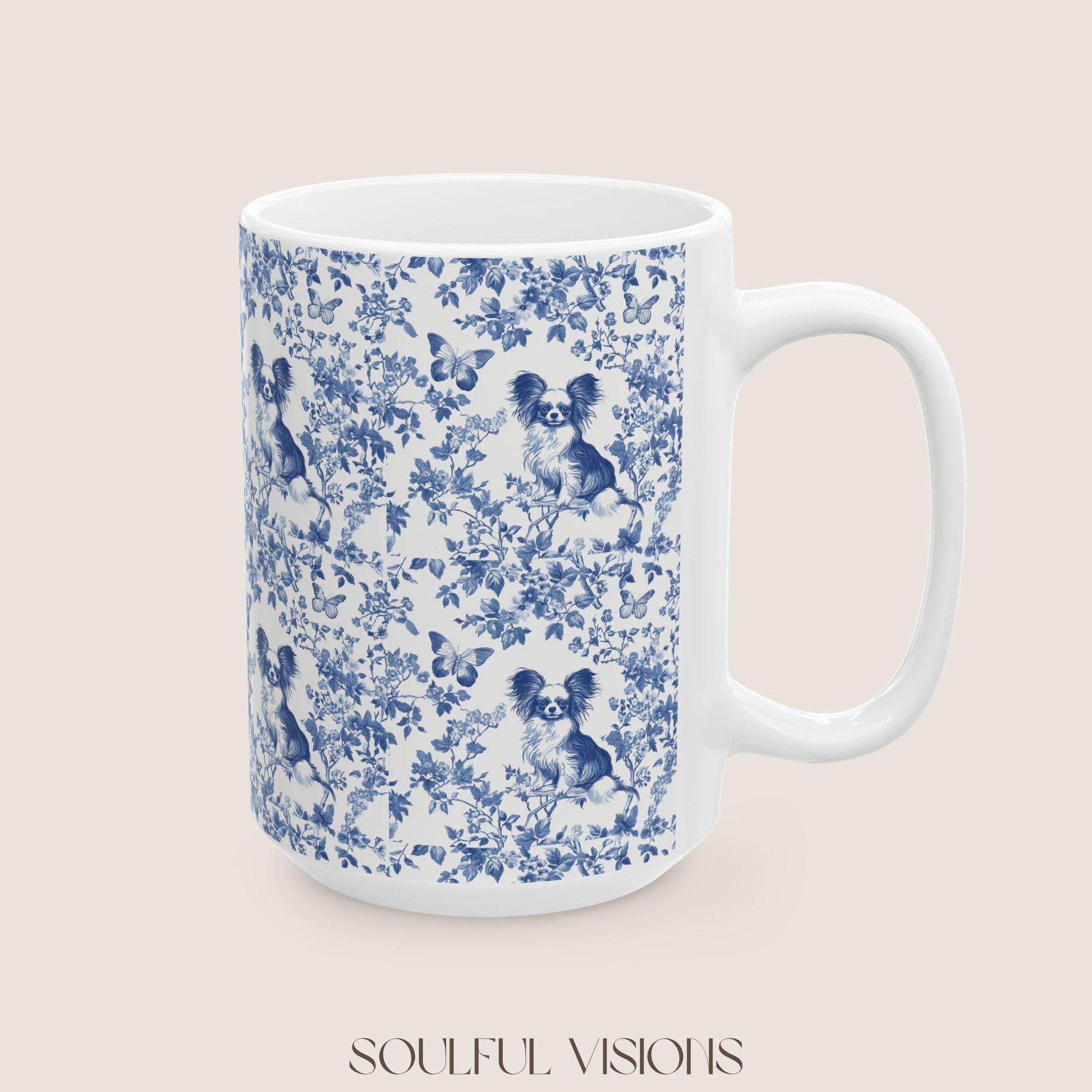 Papillon French Blue Toile de Jouy Mug, Papillon Mugs, Papillon Gift, Toile mug, Papillon, Papillon mama Gift, Papillon Coffee Mug