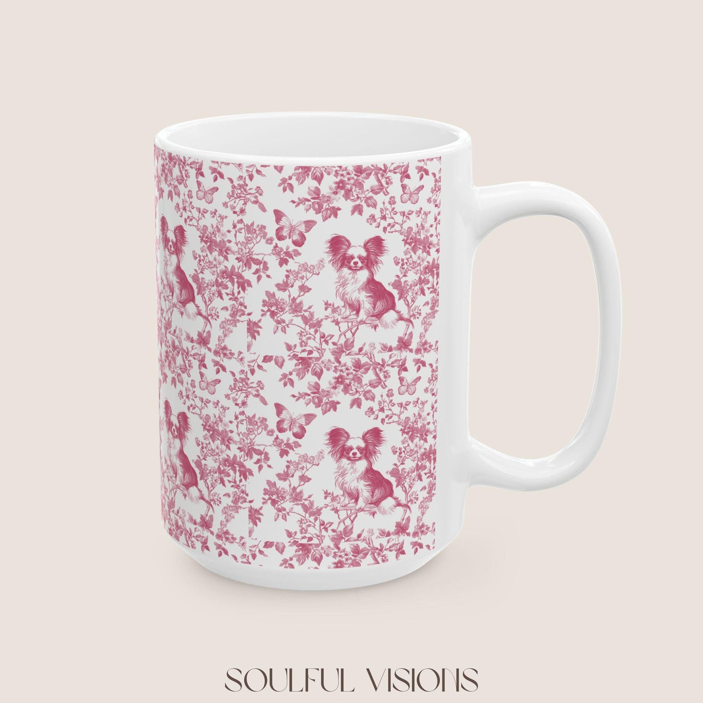 Papillon French Pink Toile de Jouy Mug, Papillon Mugs, Papillon Gift, Toile mug, Papillon, Papillon mama Gift, Papillon Coffee Mug