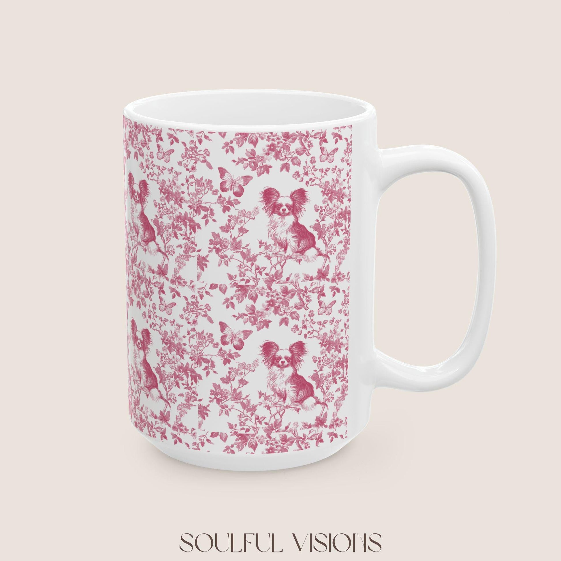 Papillon French Pink Toile de Jouy Mug, Papillon Mugs, Papillon Gift, Toile mug, Papillon, Papillon mama Gift, Papillon Coffee Mug