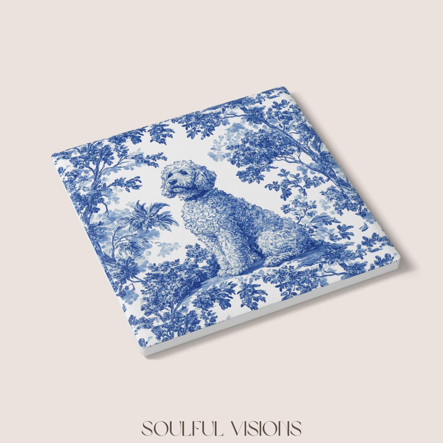 Goldendoodle Ceramic Coaster French Blue Toile, Goldendoodle French Toile Drink Coaster, Goldendoodle Mom Gift, Dog Lover Coaster