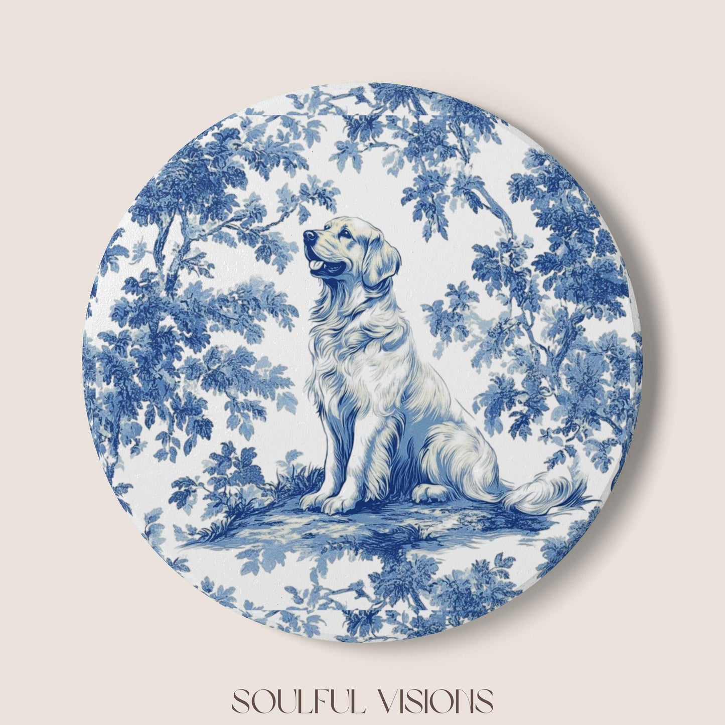 Golden Retriever Ceramic Coaster French Blue Toile, Golden Retriever French Toile Drink Coaster, Golden Retriever Mom Gift, Dog Coaster