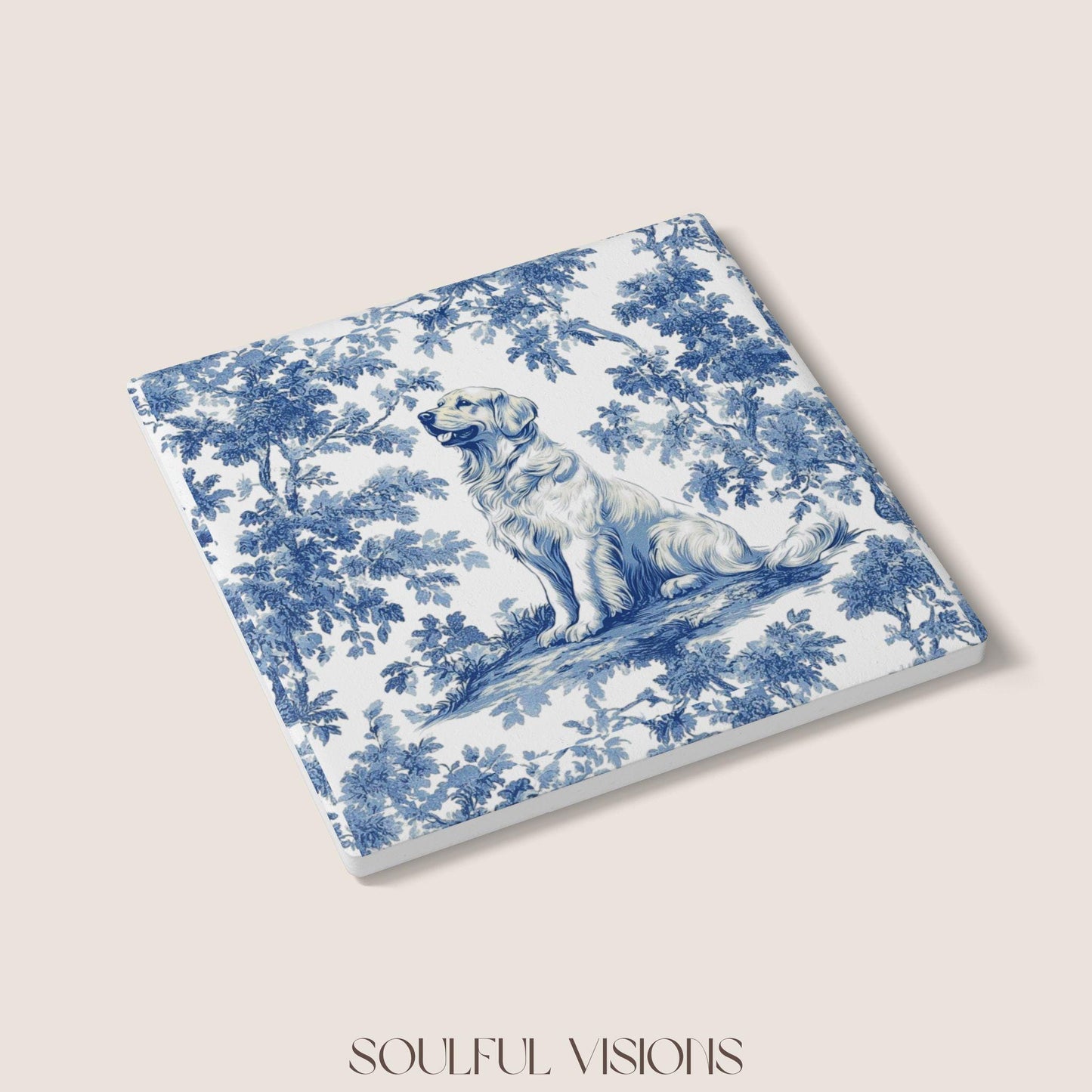 Golden Retriever Ceramic Coaster French Blue Toile, Golden Retriever French Toile Drink Coaster, Golden Retriever Mom Gift, Dog Coaster