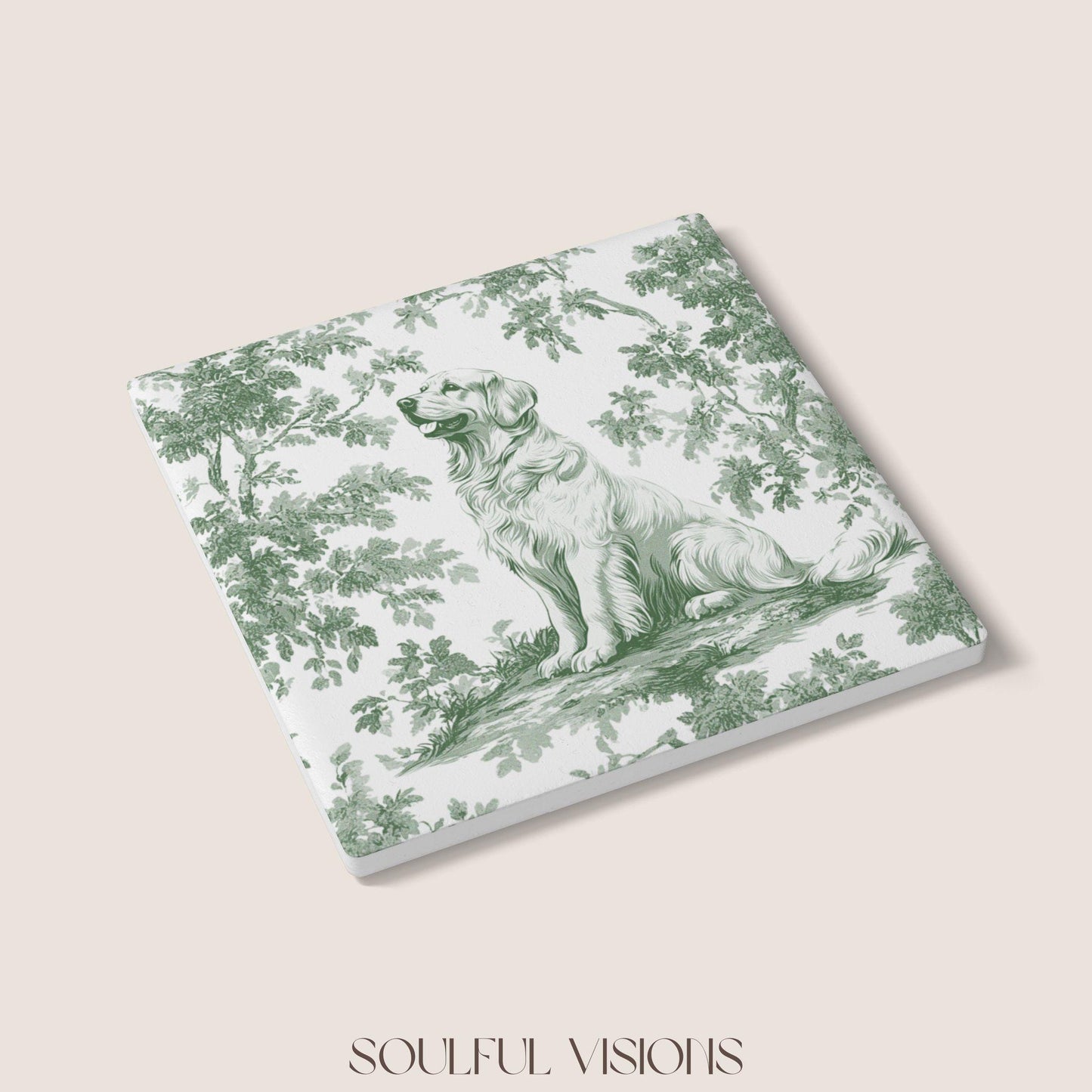 Golden Retriever Ceramic Coaster French Pastel Toile, Golden Retriever French Toile Drink Coaster, Golden Retriever Mom Gift, Dog Coaster