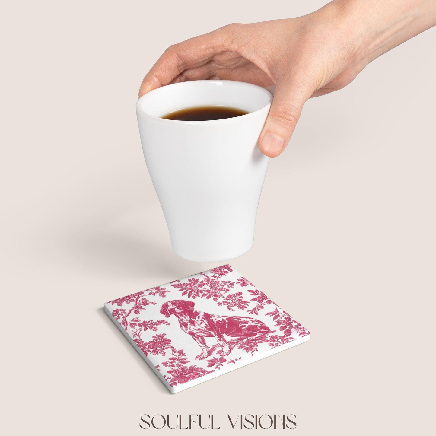 GSP Ceramic Coaster French Pink Toile, German Shorthaired Pointer French Toile Drink Coaster, Pointer Mom Gift, Dog Lover Coaster