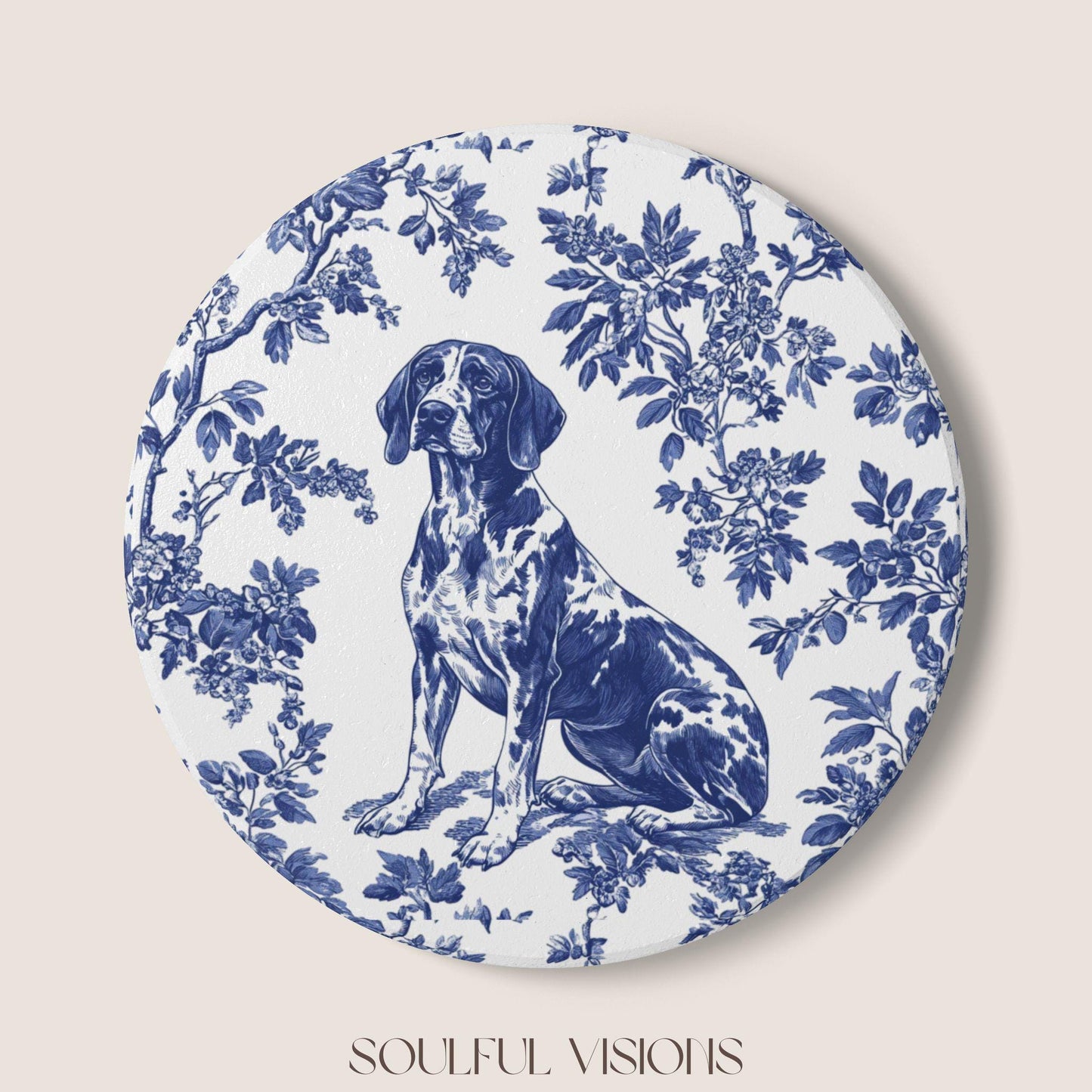 GSP Ceramic Coaster French Blue Toile, German Shorthaired Pointer French Toile Drink Coaster, Pointer Mom Gift, Dog Lover Coaster