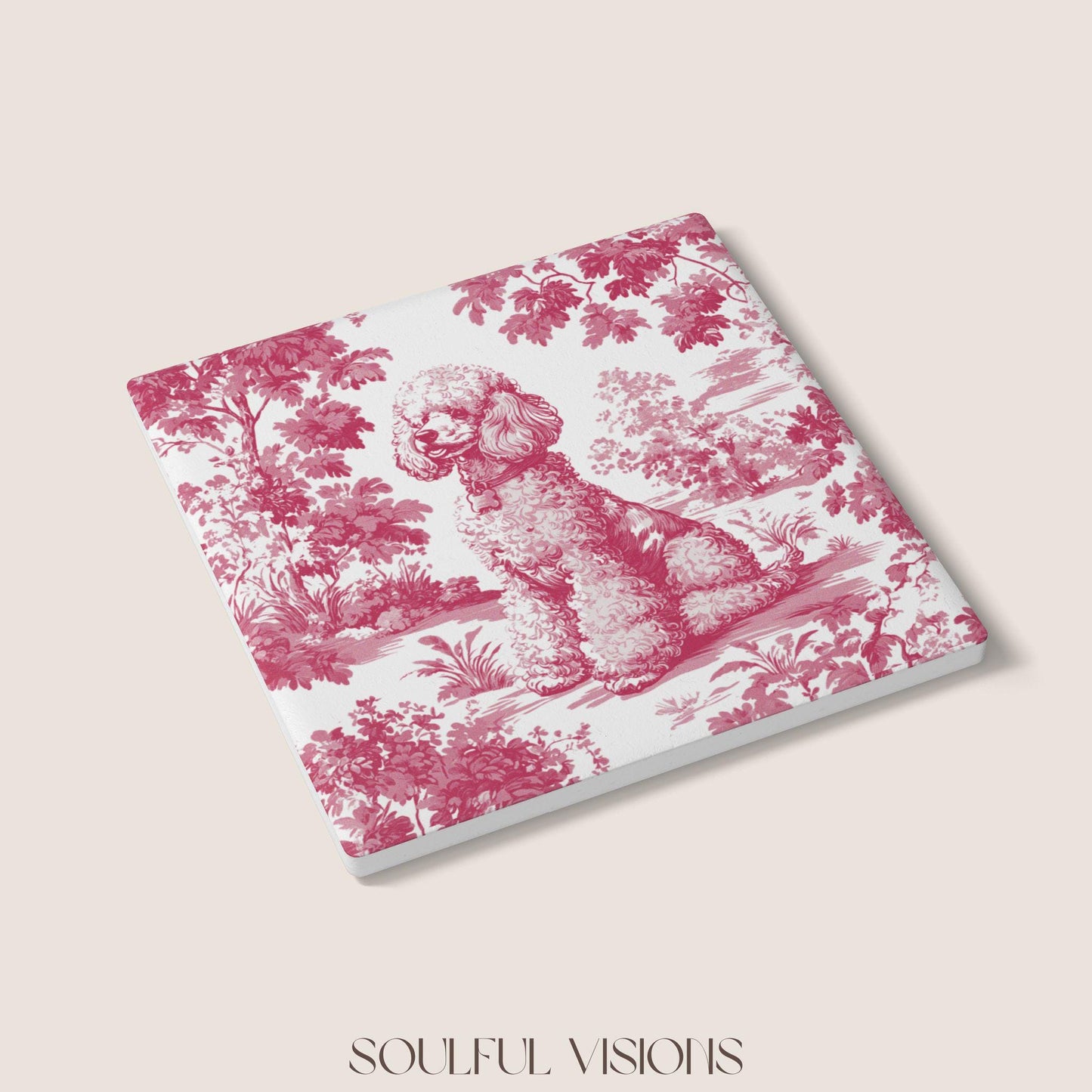 Poodle Ceramic Coaster French Pink Toile, Poodle French Toile Drink Coaster, Poodle Mom Gift, Dog Lover Coaster