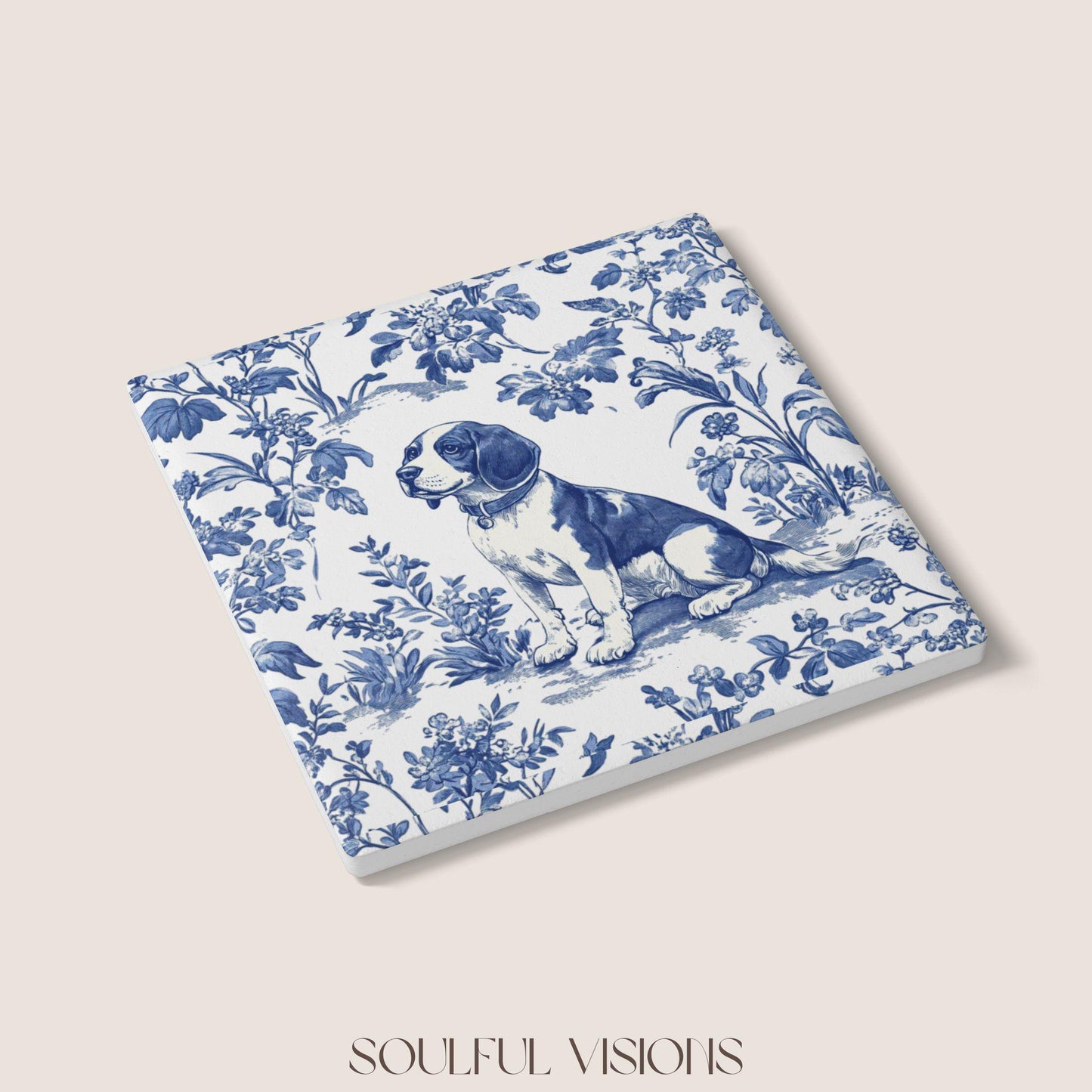 Beagle Ceramic Coaster French Blue Toile, Beagle French Toile Drink Coaster, Beagle Mom Gift, Dog Lover Coaster, Beagle Lover Gift, Beagle