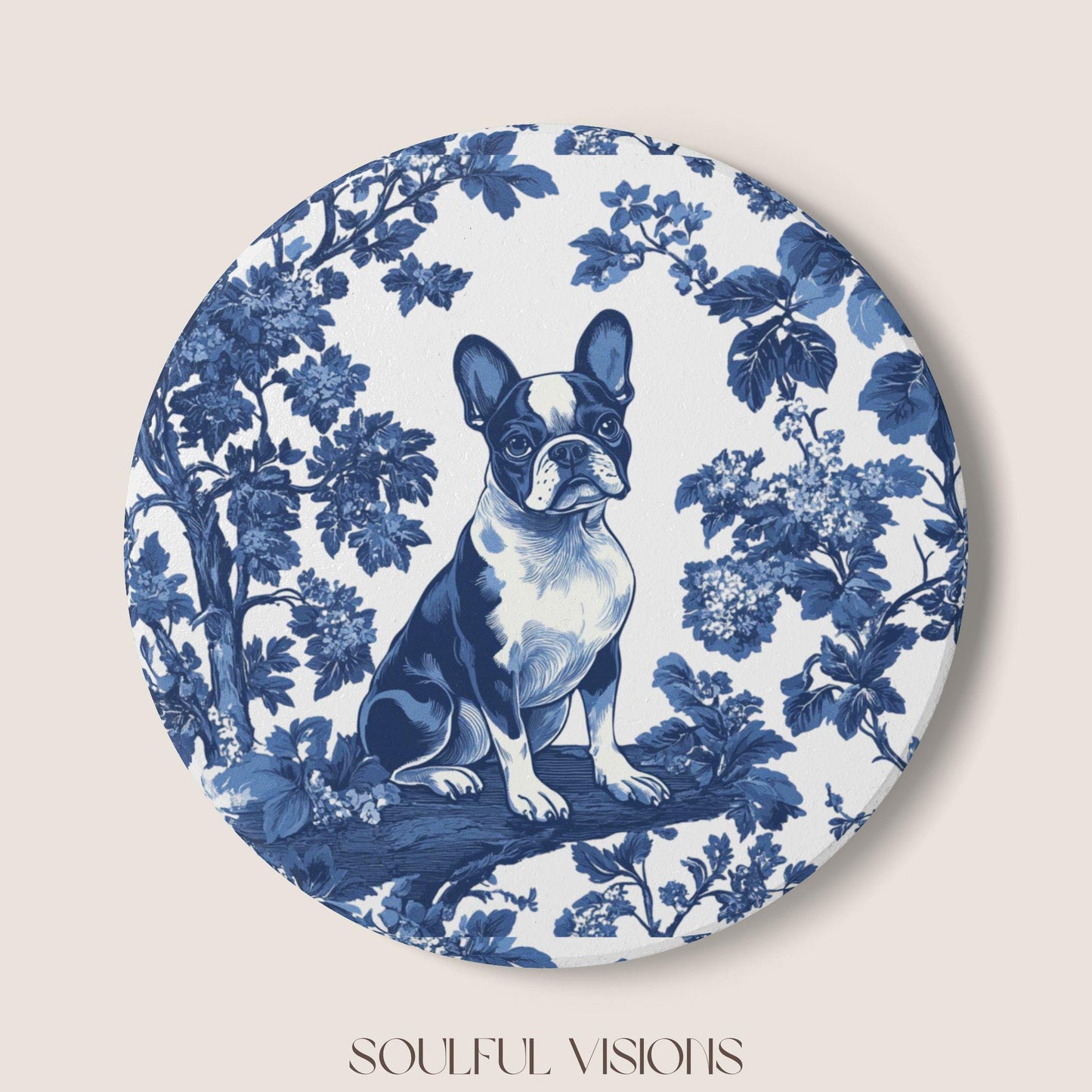 Boston Terrier Ceramic Coaster French Blue Toile, Boston Terrier Drink Coaster, Boston Terrier Mom Gift, Dog Coaster, Boston Terrier Lover