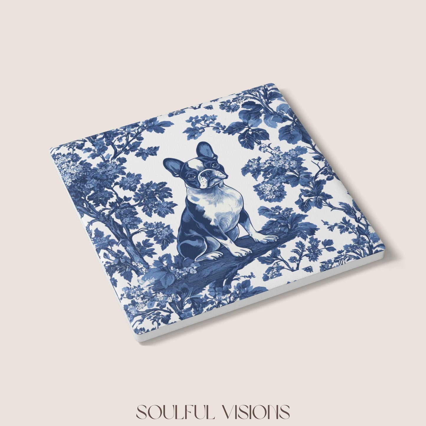 Boston Terrier Ceramic Coaster French Blue Toile, Boston Terrier Drink Coaster, Boston Terrier Mom Gift, Dog Coaster, Boston Terrier Lover