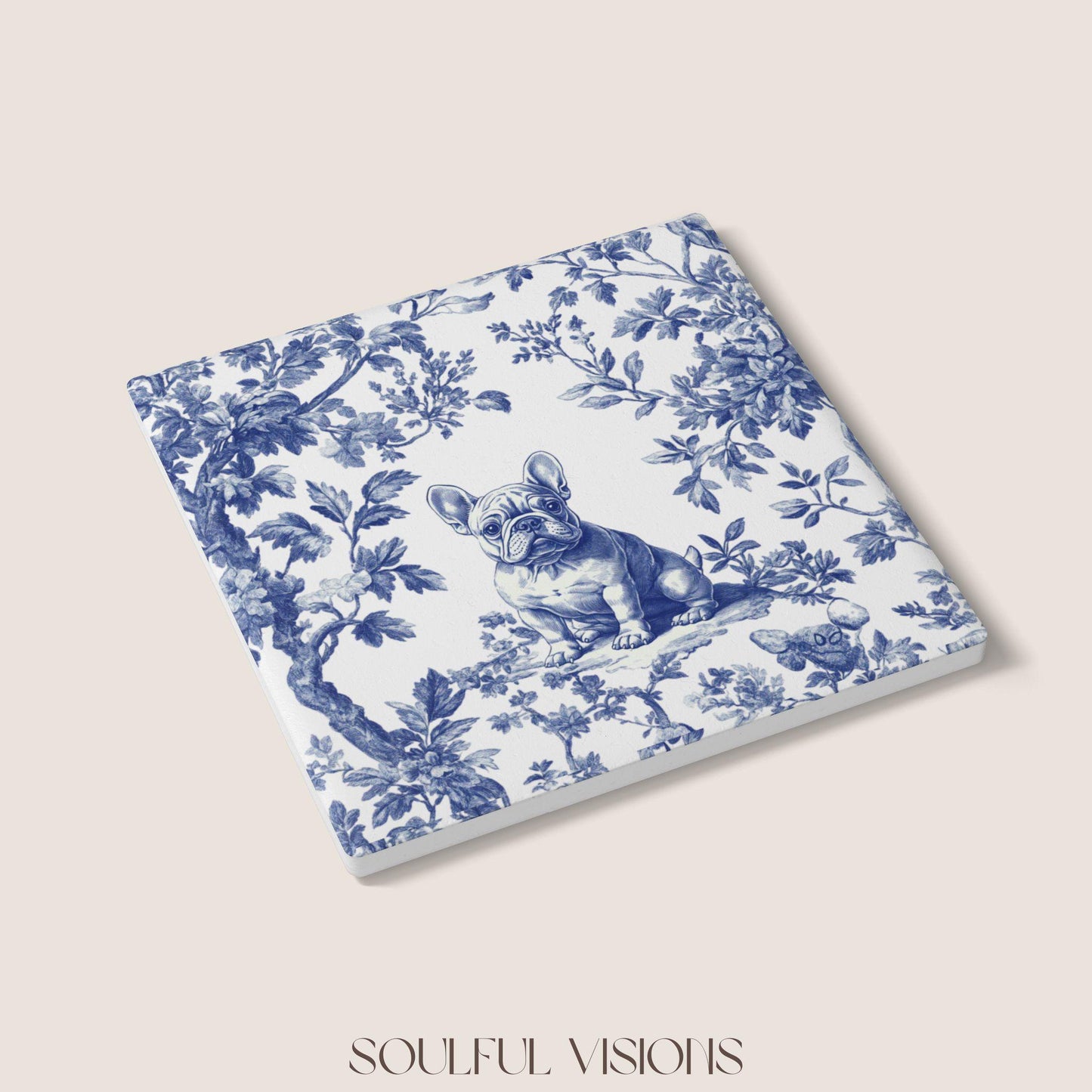 French Bulldog Ceramic Coaster French Blue Toile, French Bulldog Drink Coaster, Frenchie Mom Gift, Dog Coaster, French Bulldog Gifts